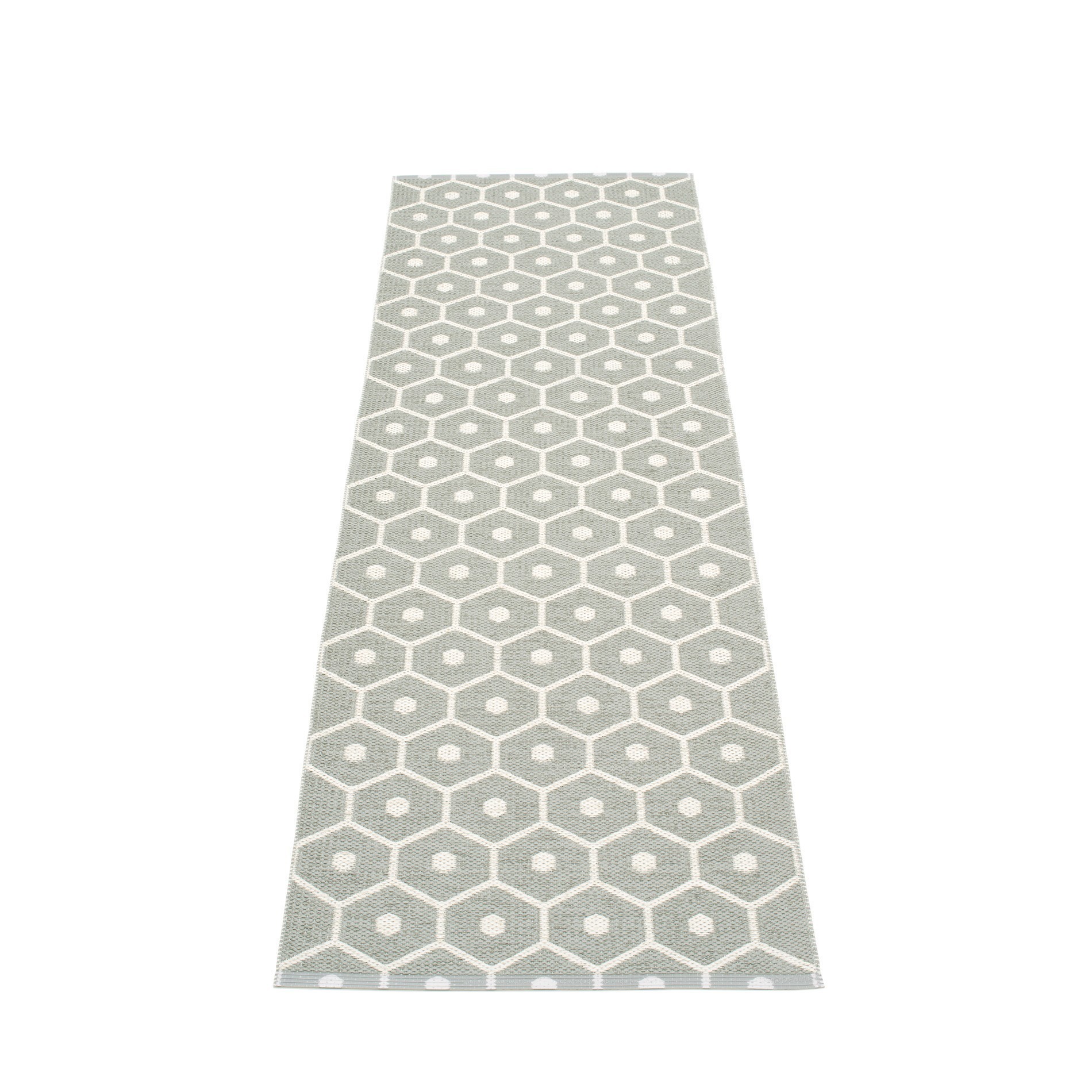 Pappelina Honey Kunststoffteppich in Warm Grau-Vanille mit geometrischem Wabenmuster, 70x225 cm. Moderner Teppich für Innenräume.