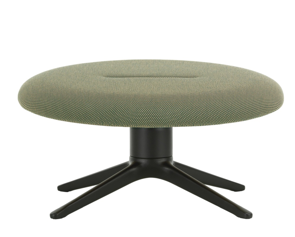 Abalon Platform Ottoman von Vitra, runder Hocker mit grünem Stoffbezug und schwarzem Fuß.