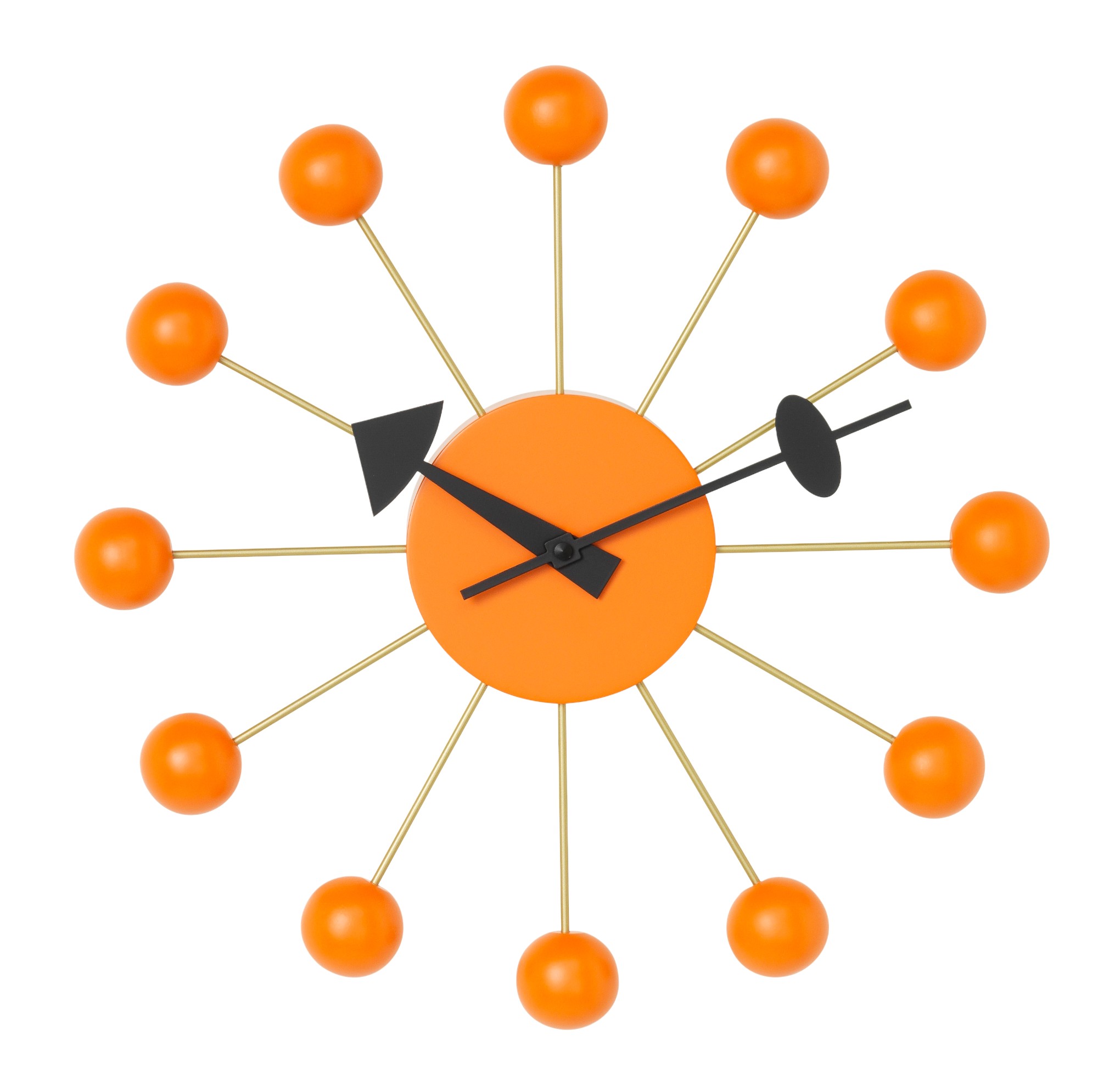 Orangefarbene Ball Clock Wanduhr von Vitra mit goldenen Streben und schwarzen Zeigern.