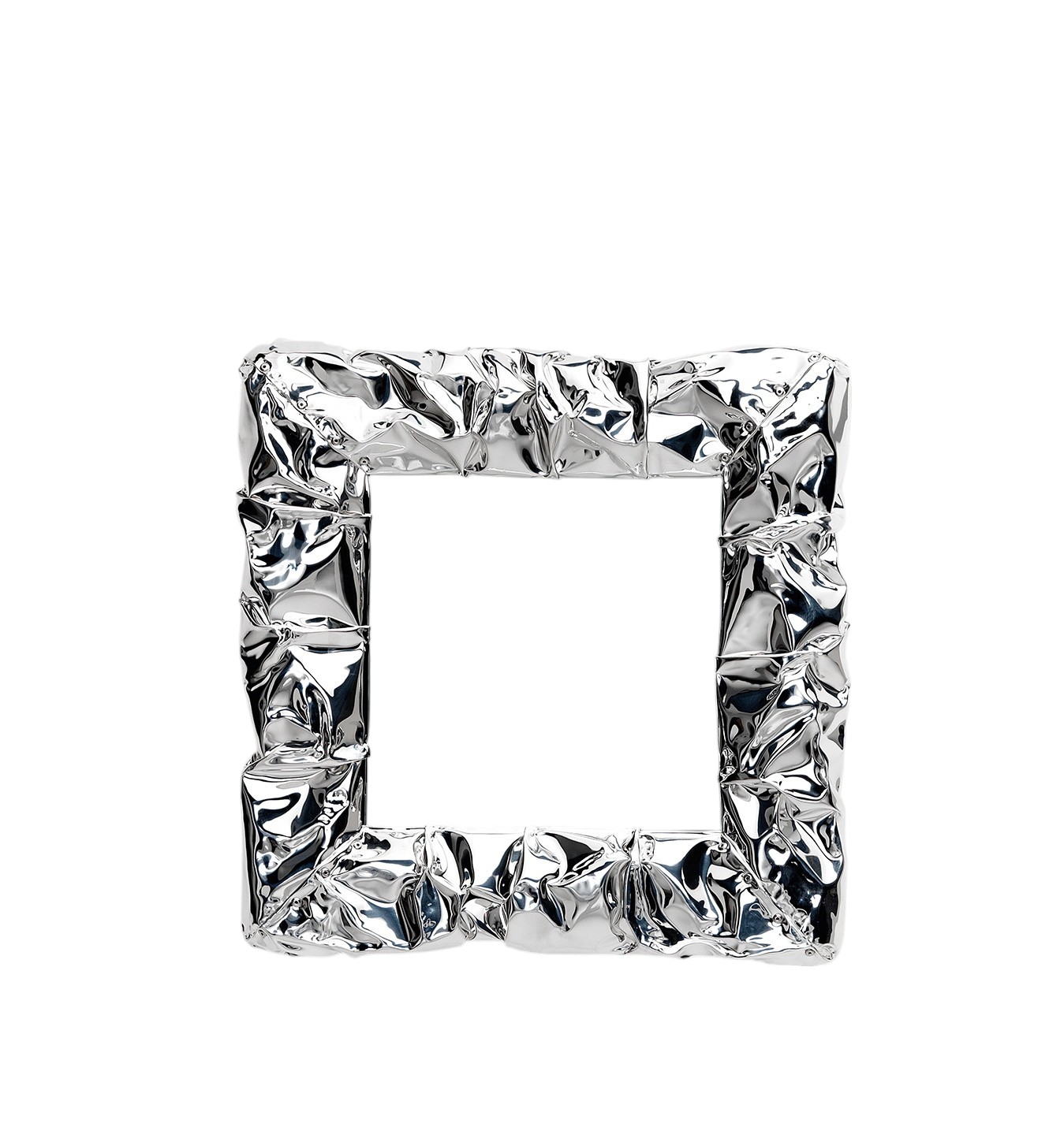 Tab.u Spiegel Chrom von Opinion Ciatti, quadratischer Wandspiegel mit auffälligem, zerknittertem Chromrahmen.