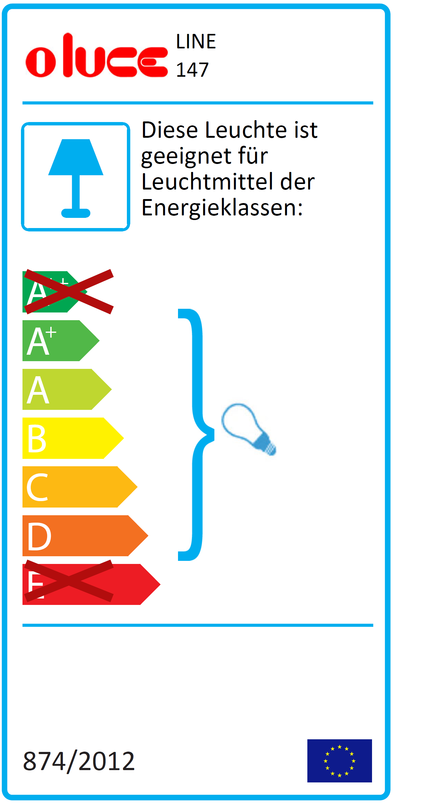 Energieeffizienzlabel der Oluce Line 147 Wandleuchte, zeigt Energieklassen A+ bis D. Geeignet für sparsame Leuchtmittel.