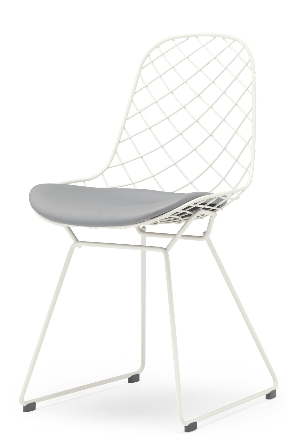 Weißer Kobi Sledge Chair Stuhl mit grauem Sitzkissen, moderner Design Stuhl für Esszimmer und Büro.