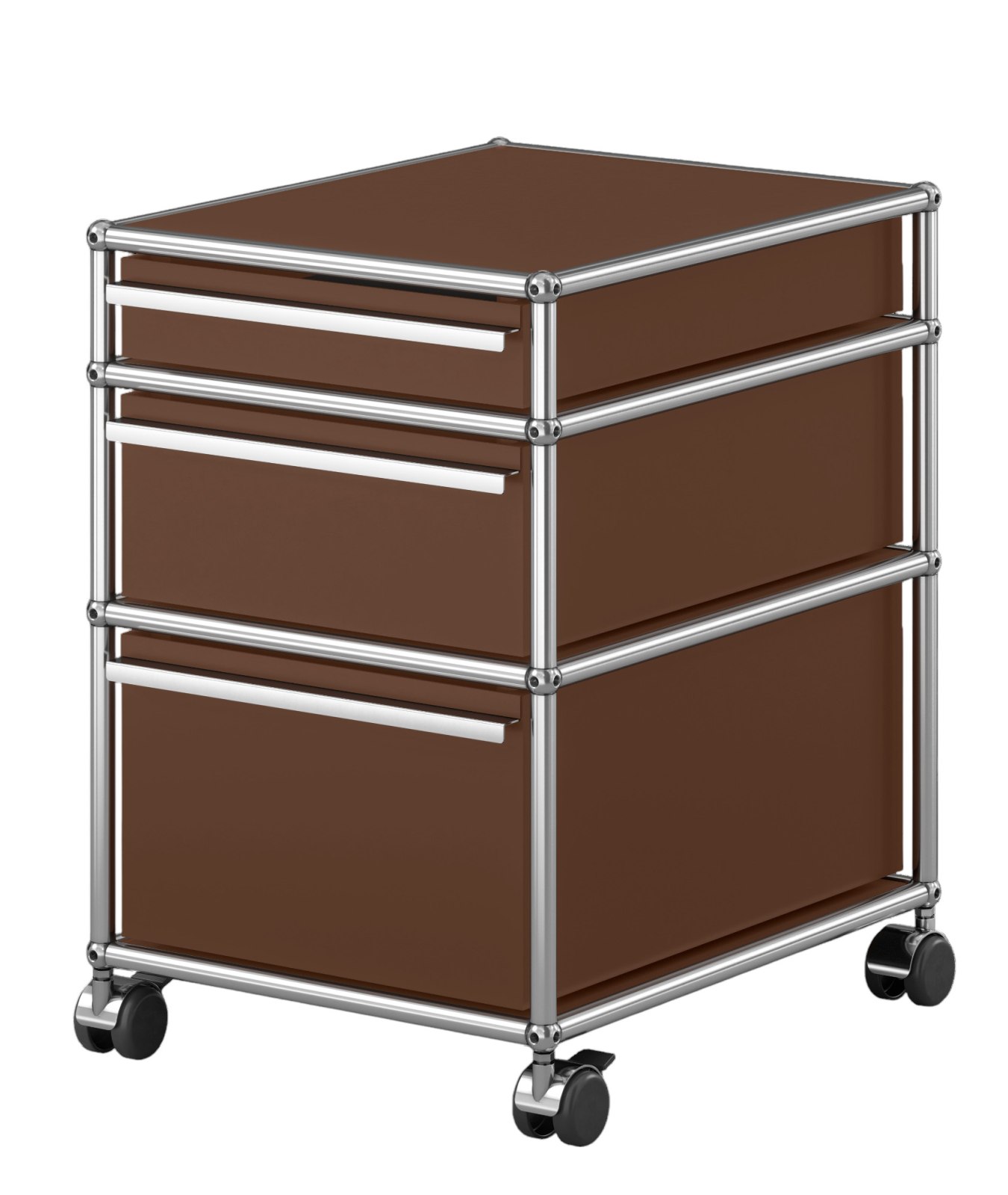 USM Haller Rollcontainer, braun, mit drei Schubladen und verchromtem Gestell auf schwarzen Rollen.