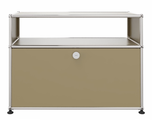 USM Haller Beistellmöbel in Beige mit einer Schublade und offenem Fach, moderner Stauraum.