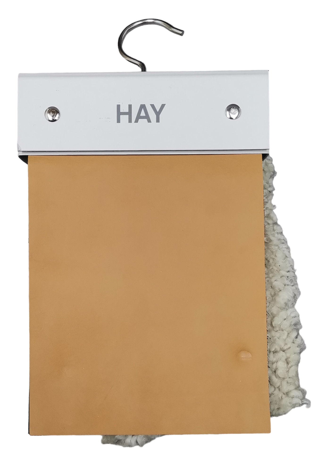 Muster Leather & Canvas Hay: Leder- und Canvas-Musterkarte mit beigen Leder und weißem Stoff.