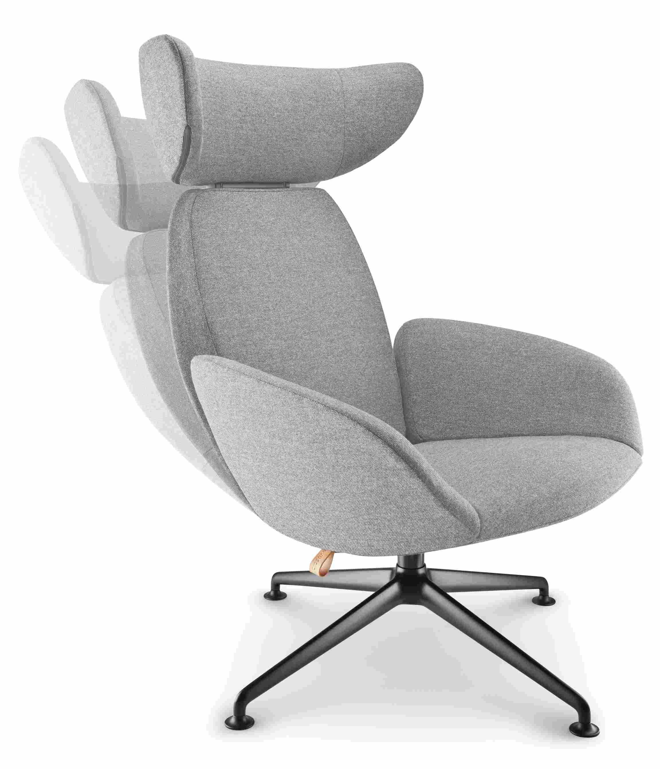 Laze Sessel von Eva Solo, grauer Drehsessel mit verstellbarer Kopfstütze und schwarzem Fußkreuz.