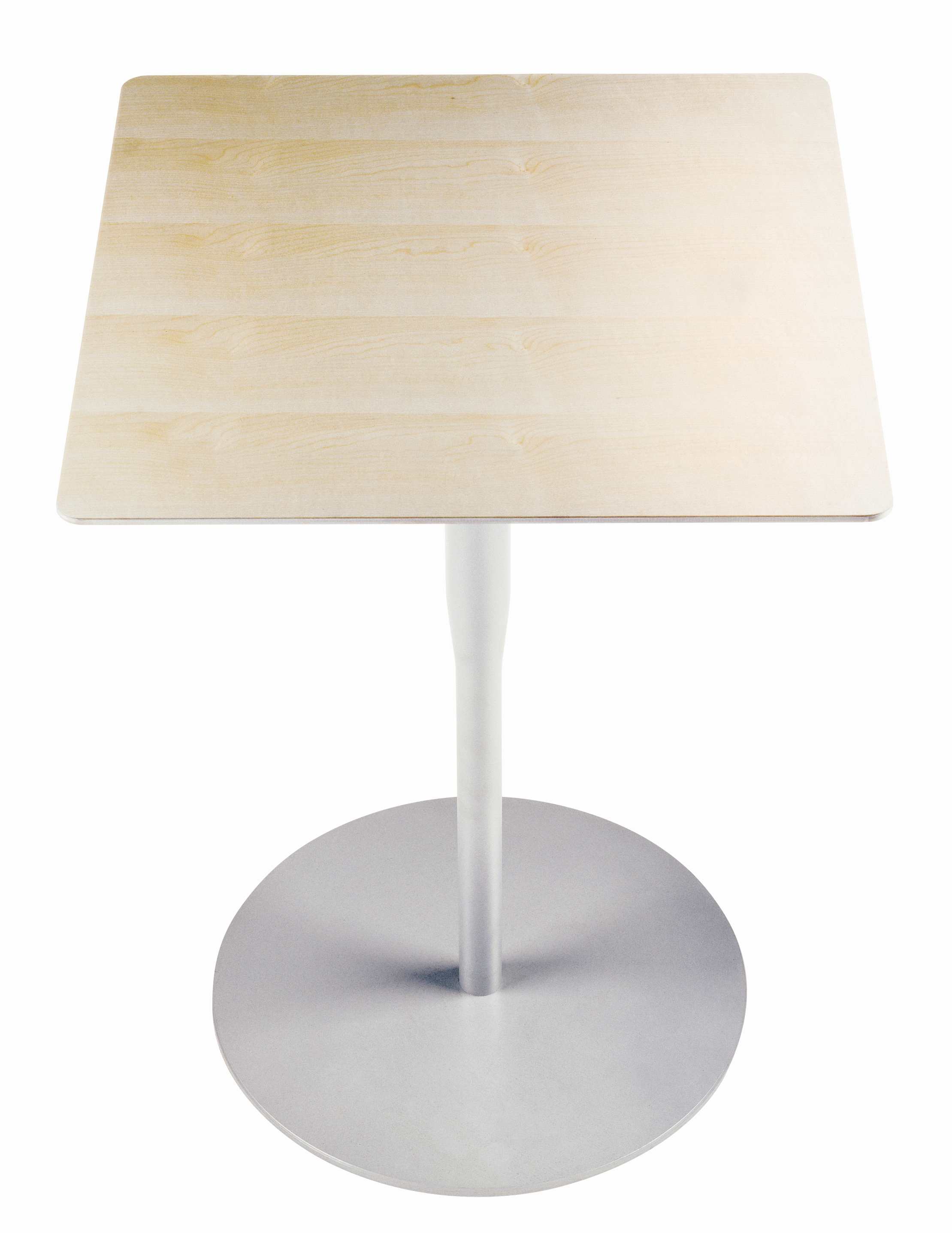 Atlas Table Tisch: Quadratischer Holztisch mit weißem Fuß und silberfarbenem Sockel. Moderner Esstisch.