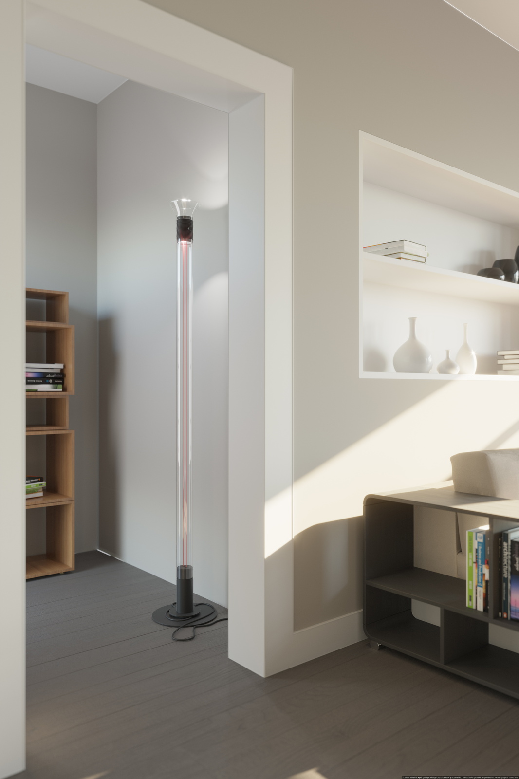 Dia Stehleuchte von Martinelli Luce: Moderne Designleuchte mit schlankem, transparentem Leuchtkörper im Wohnraum.