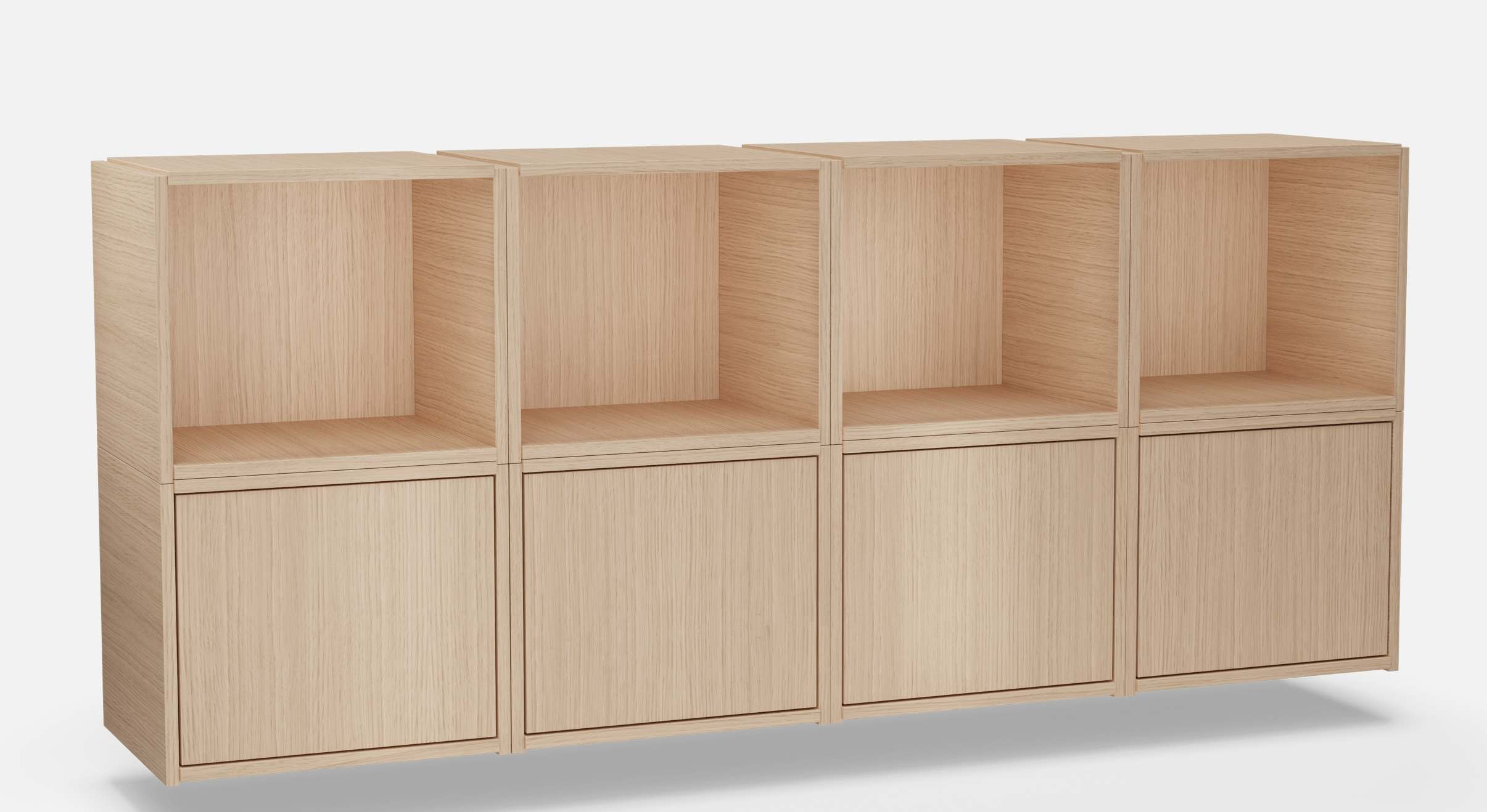 Bricks System Regal von Woud: Modulares Holzregal mit offenen Fächern und Schrankelementen.