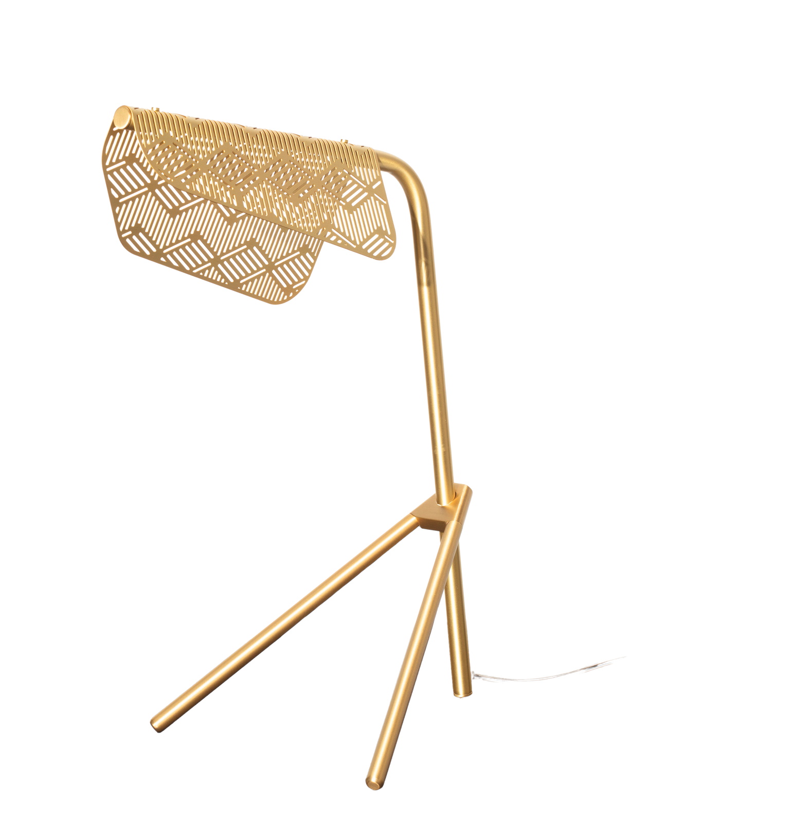 Goldene Mediterranea Tischleuchte von Petite Friture mit filigranem, geometrischem Lampenschirm und dreibeinigem Gestell.