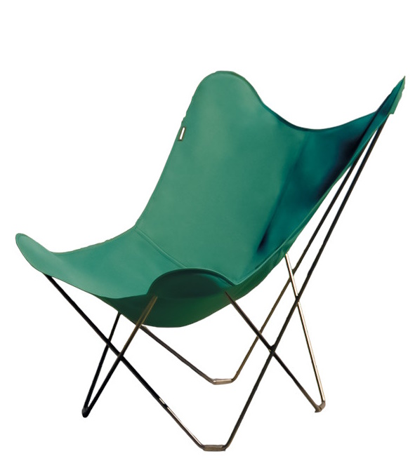 Mariposa Butterfly Chair in Waldgrün: Outdoor Sessel mit Lederbezug und Stahlgestell.