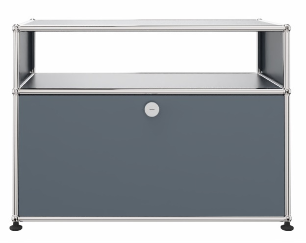 USM Haller Möbel: Beistelltisch in Mittelgrau mit Schublade und verchromtem Gestell für Wohnzimmer und Büro.