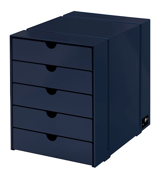 USM Haller Inos Kastenset C4 in Stahlblau mit fünf geschlossenen Schubladen für das Home Office.
