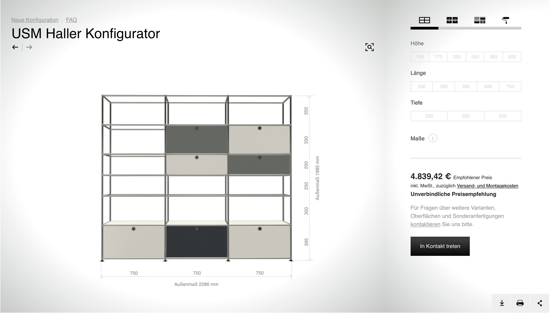 USM Haller Konfigurator: Visualisierung eines individuell gestaltbaren USM Möbelbausystems mit Schubladen in verschiedenen Farben.