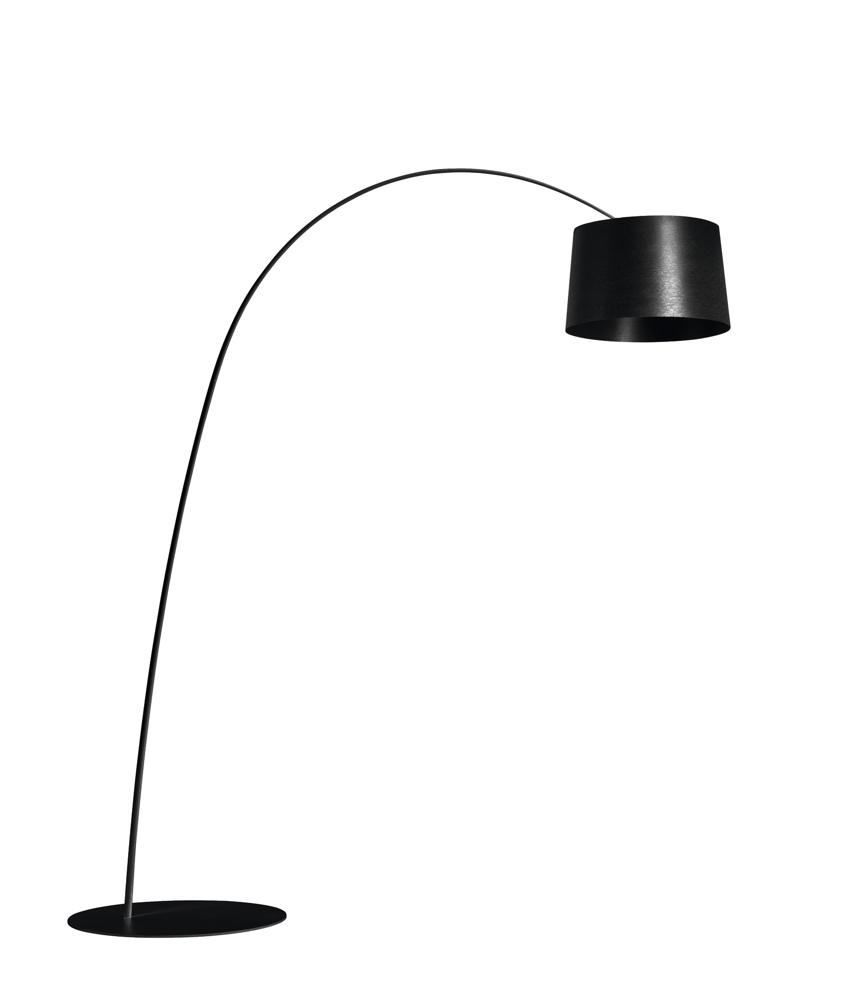 Schwarze Twiggy Bogenleuchte von Foscarini: Moderne Stehlampe mit rundem Lampenschirm und filigranem, gebogenem Lampenfuß.