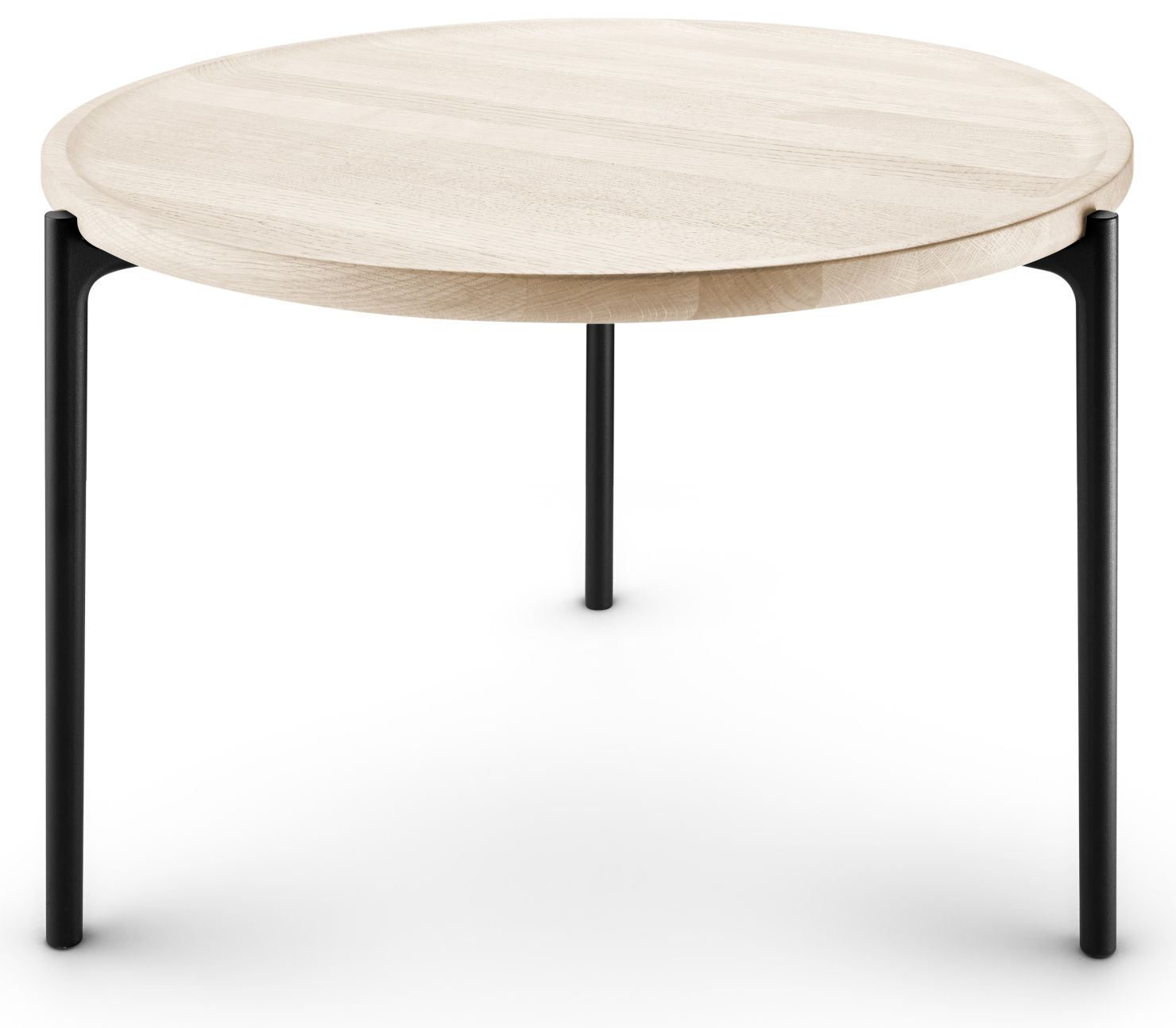 Savoye Tisch: Runder Beistelltisch mit weißer Eichenplatte und schwarzen Metallbeinen. Moderner Couchtisch.
