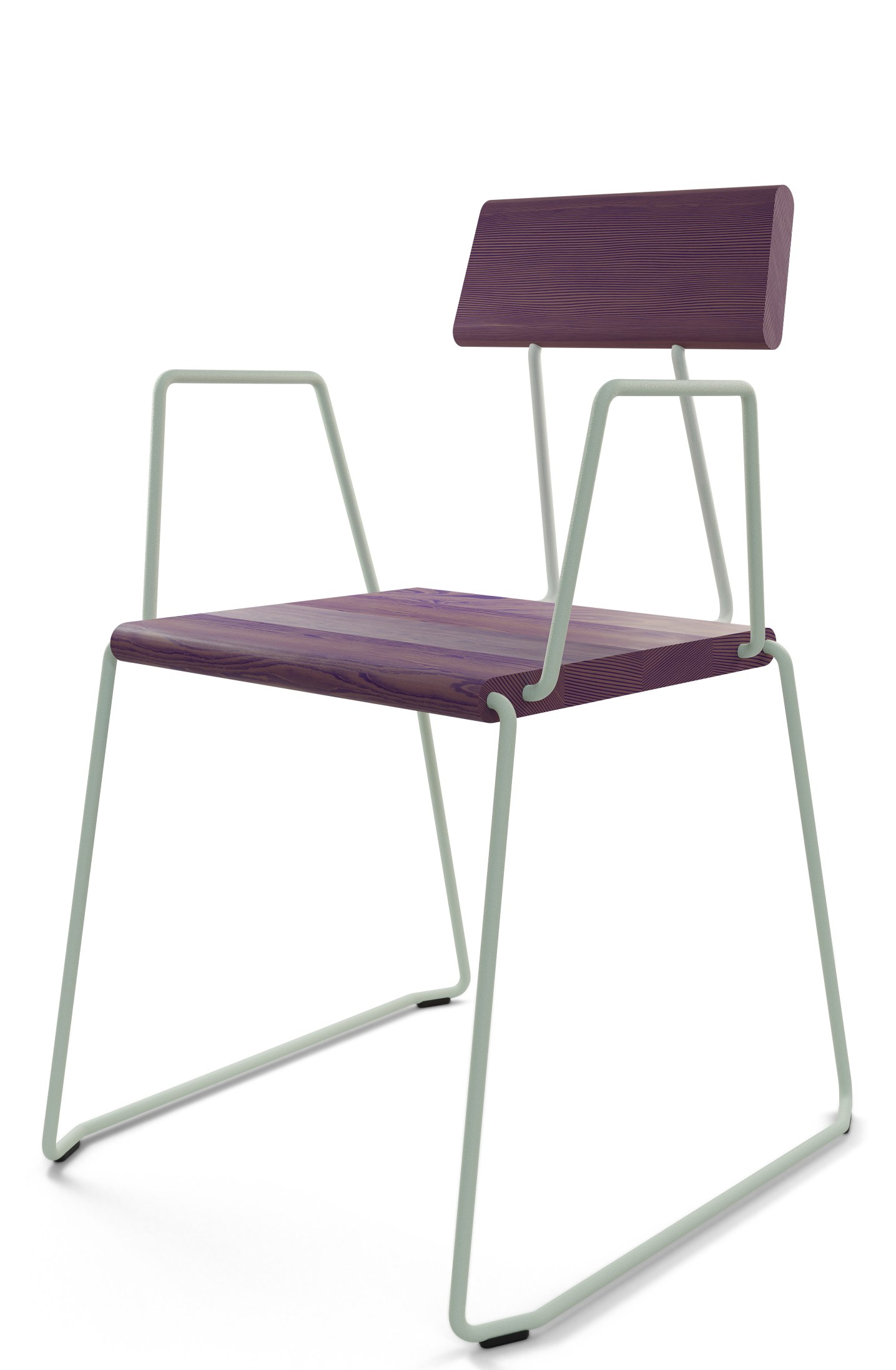 D:006 Stuhl mit Armlehnen in Ultraviolett: Moderner Holzstuhl mit hellgrünem Metallgestell.