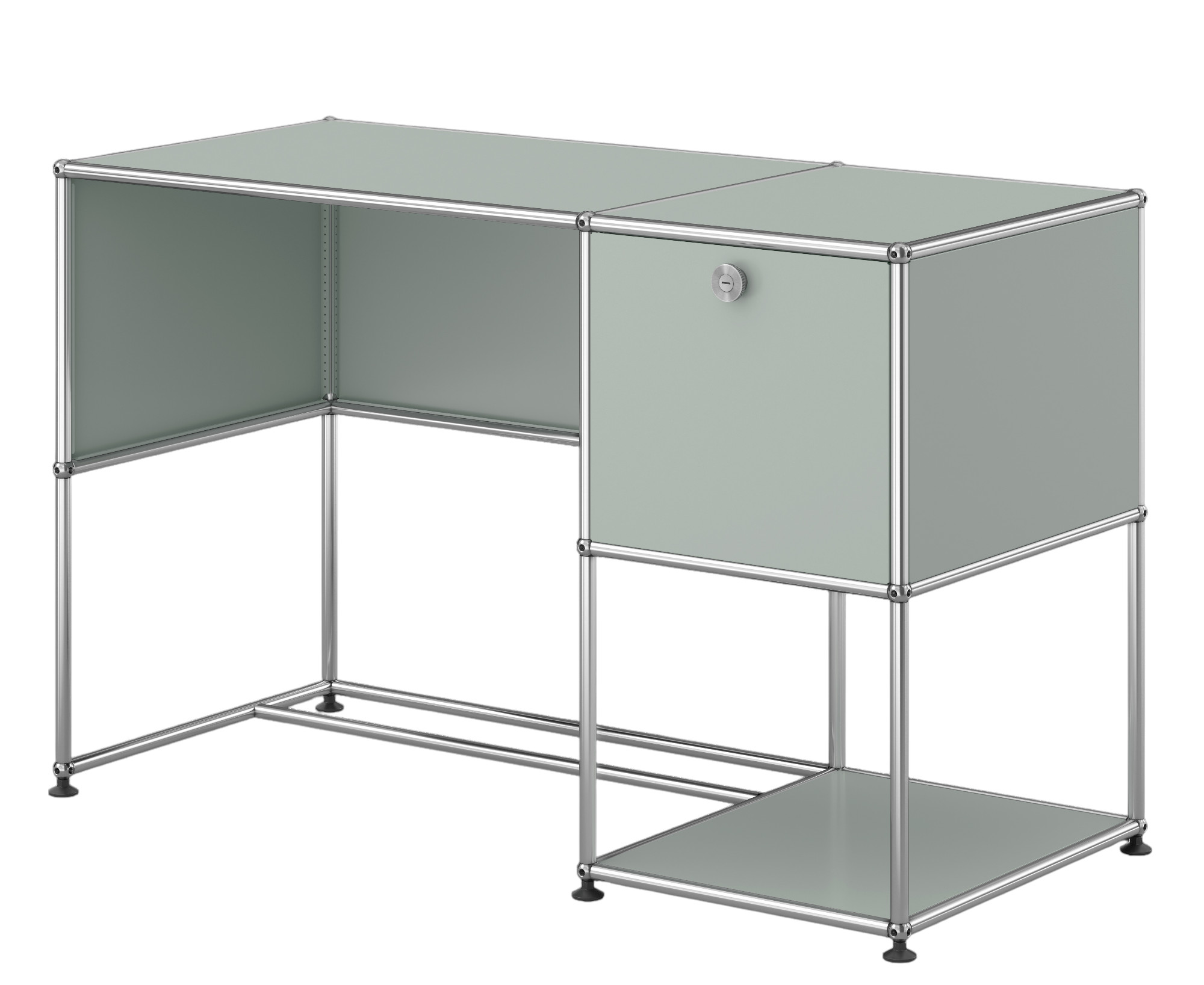 USM Haller Schreibtisch in Lichtgrau mit integriertem Schubladenelement und Ablagefläche, modernes Design für Büro und Arbeitszimmer.