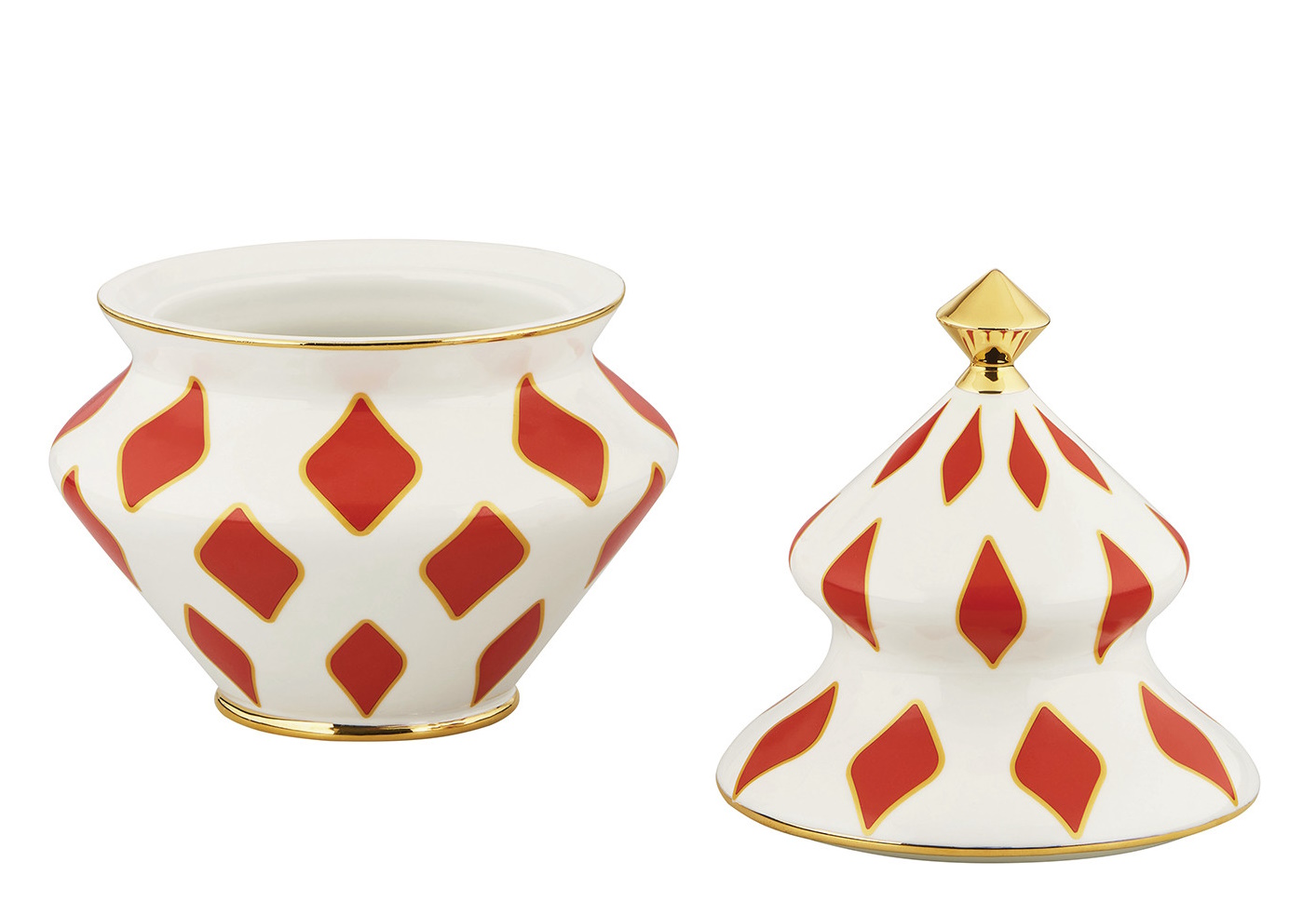 Alessi NZ03 Delight Süßigkeitenbehälter aus Porzellan mit rotem Rautenmuster und goldenen Akzenten, Deckel daneben.
