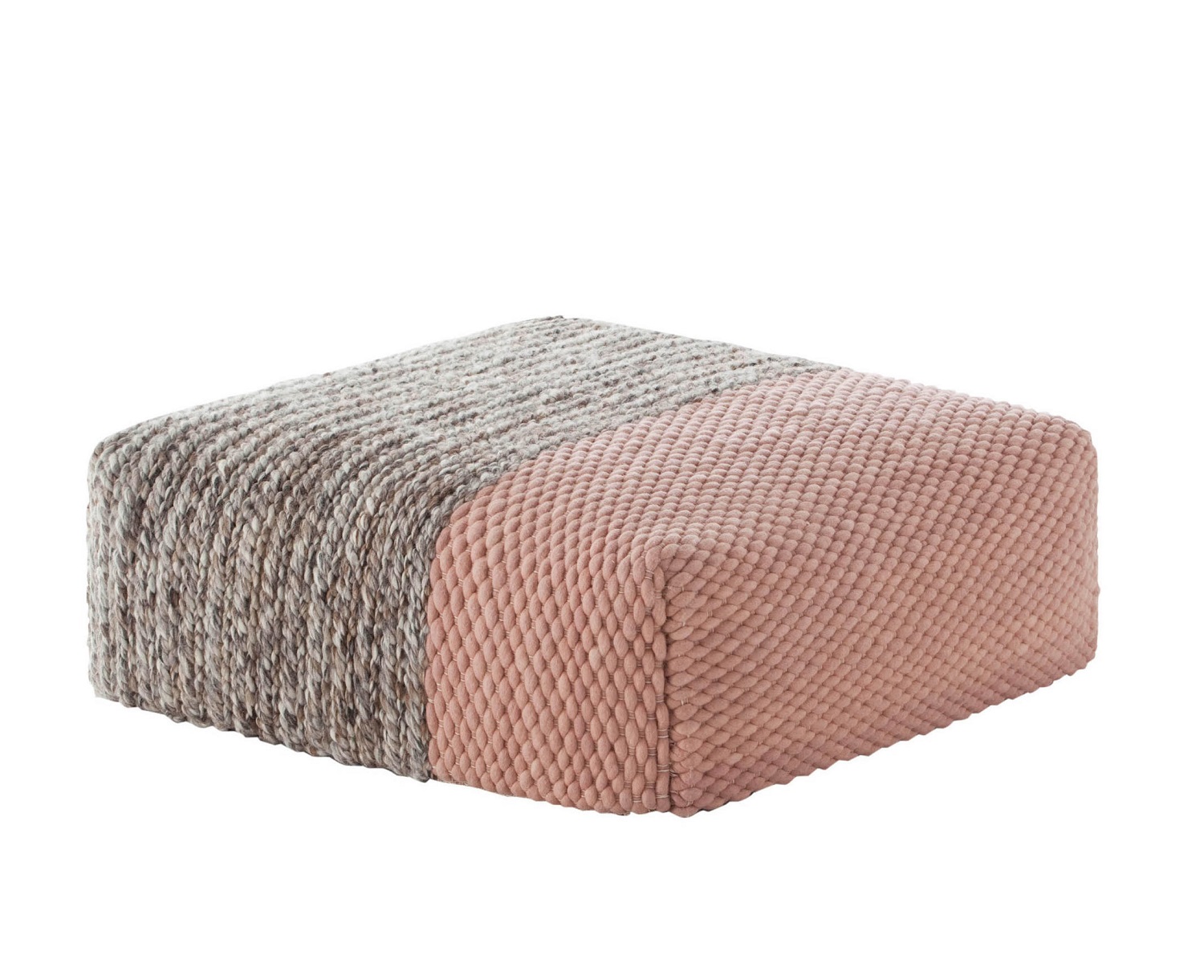 Mangas Space Pouf Hocker: Quadratischer Sitzhocker aus Wolle in Grau und Rosa.