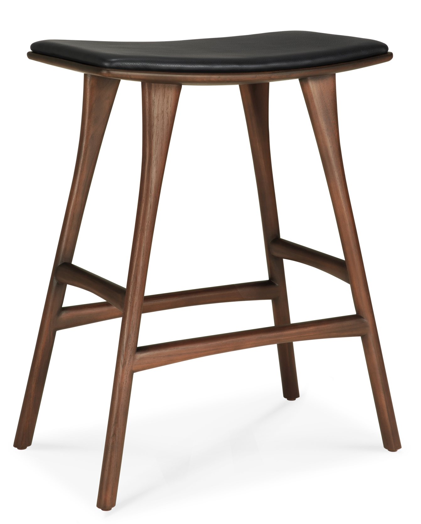 Osso Barhocker: Ethnicraft Counter Stool mit schwarzem Ledersitz und Holzgestell.