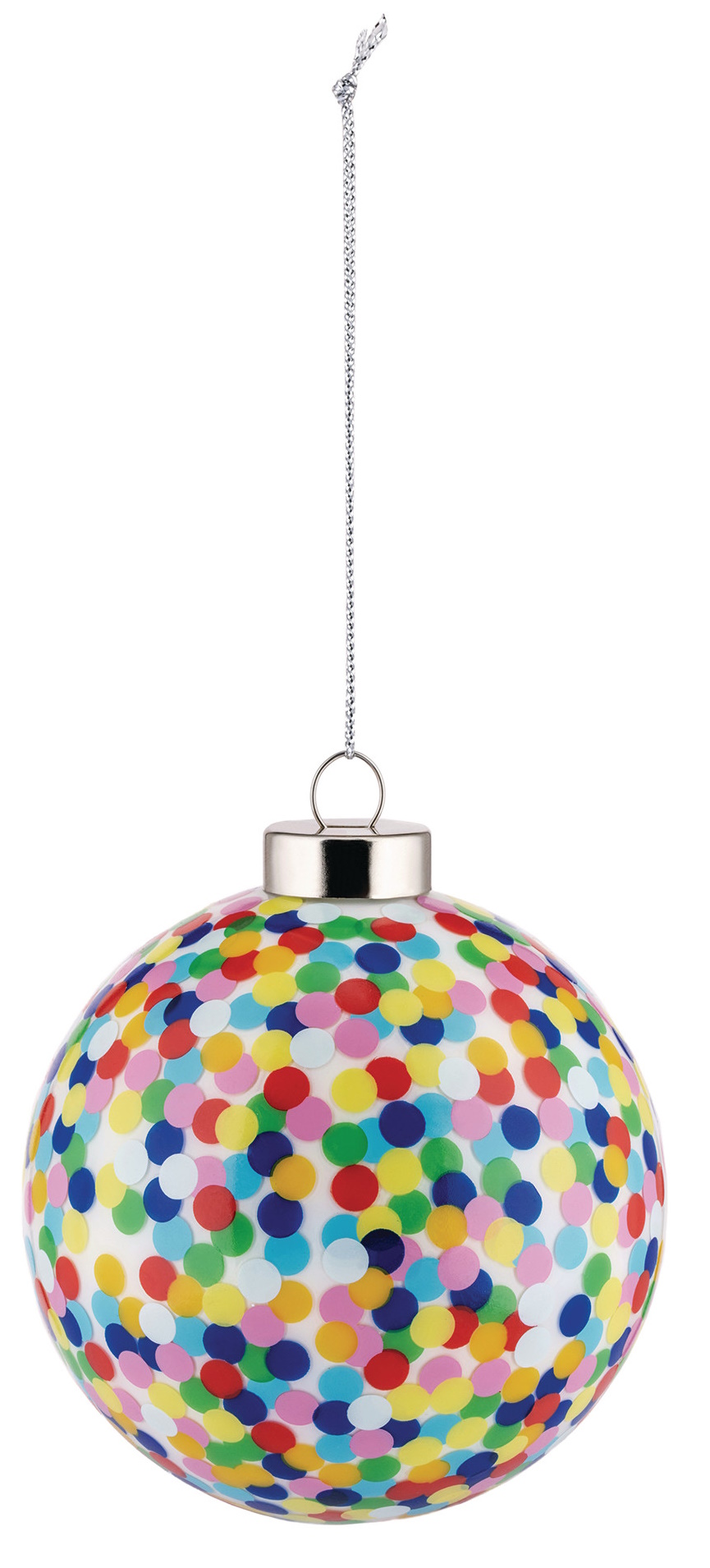 Alessi Weihnachtskugel Proust mit bunten Punkten und silberner Aufhängung, festliche Weihnachtsdekoration.