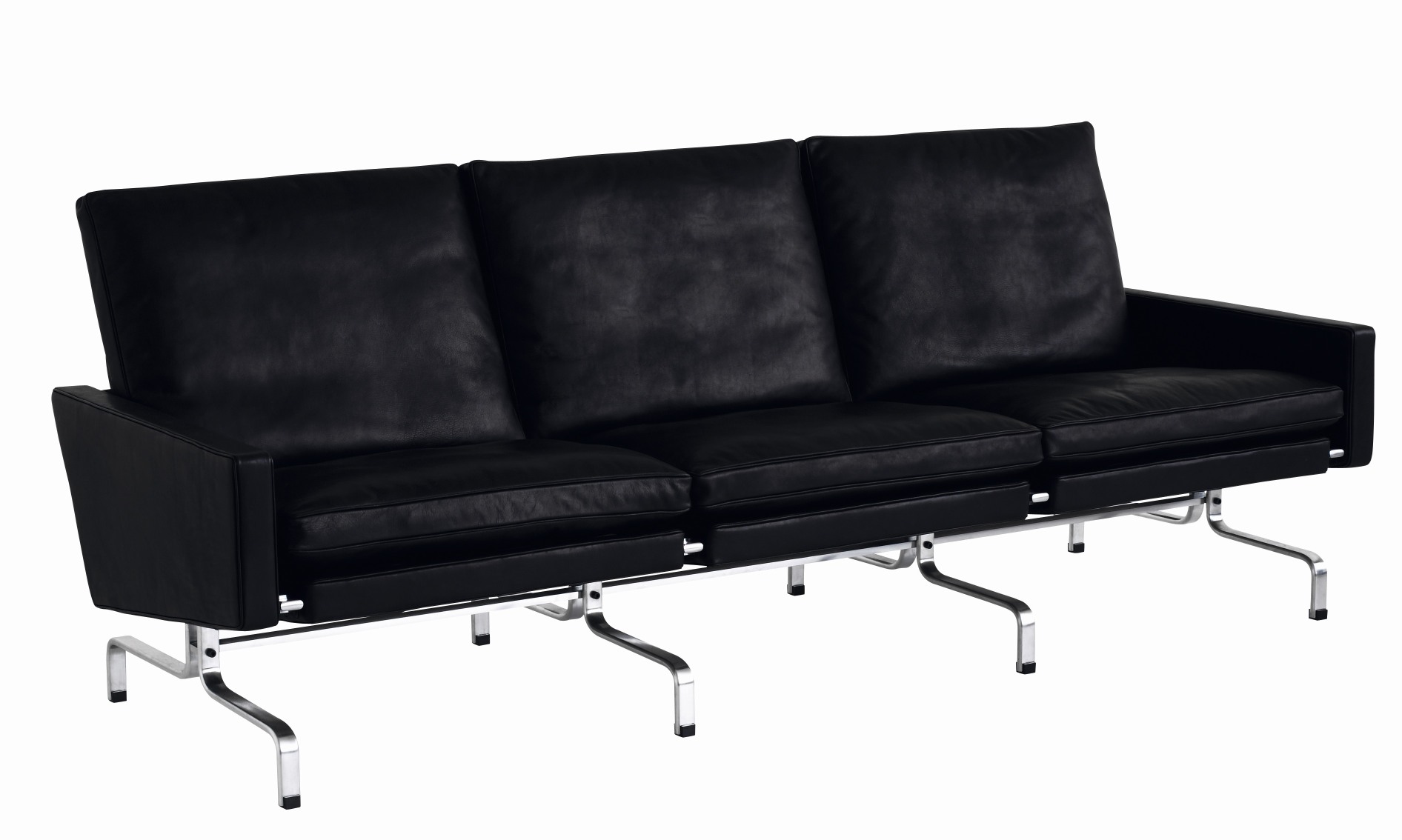 Schwarzes PK31 Sofa von Fritz Hansen mit Lederbezug und Chromgestell, modernes Design.
