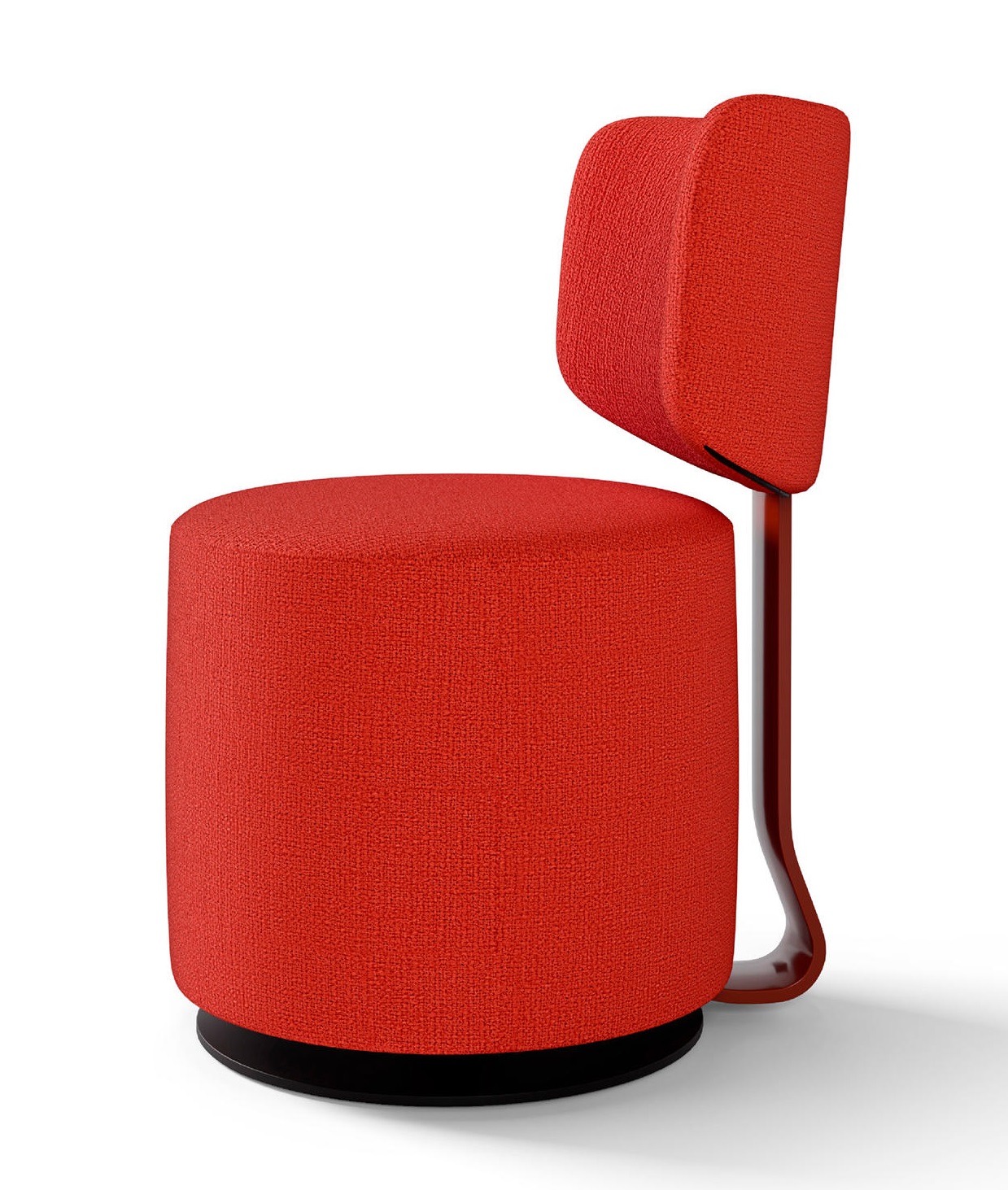 Tamburound Sessel von Cassina, drehbar, mit rotem Stoffbezug und Rückenlehne, modernes Möbeldesign.