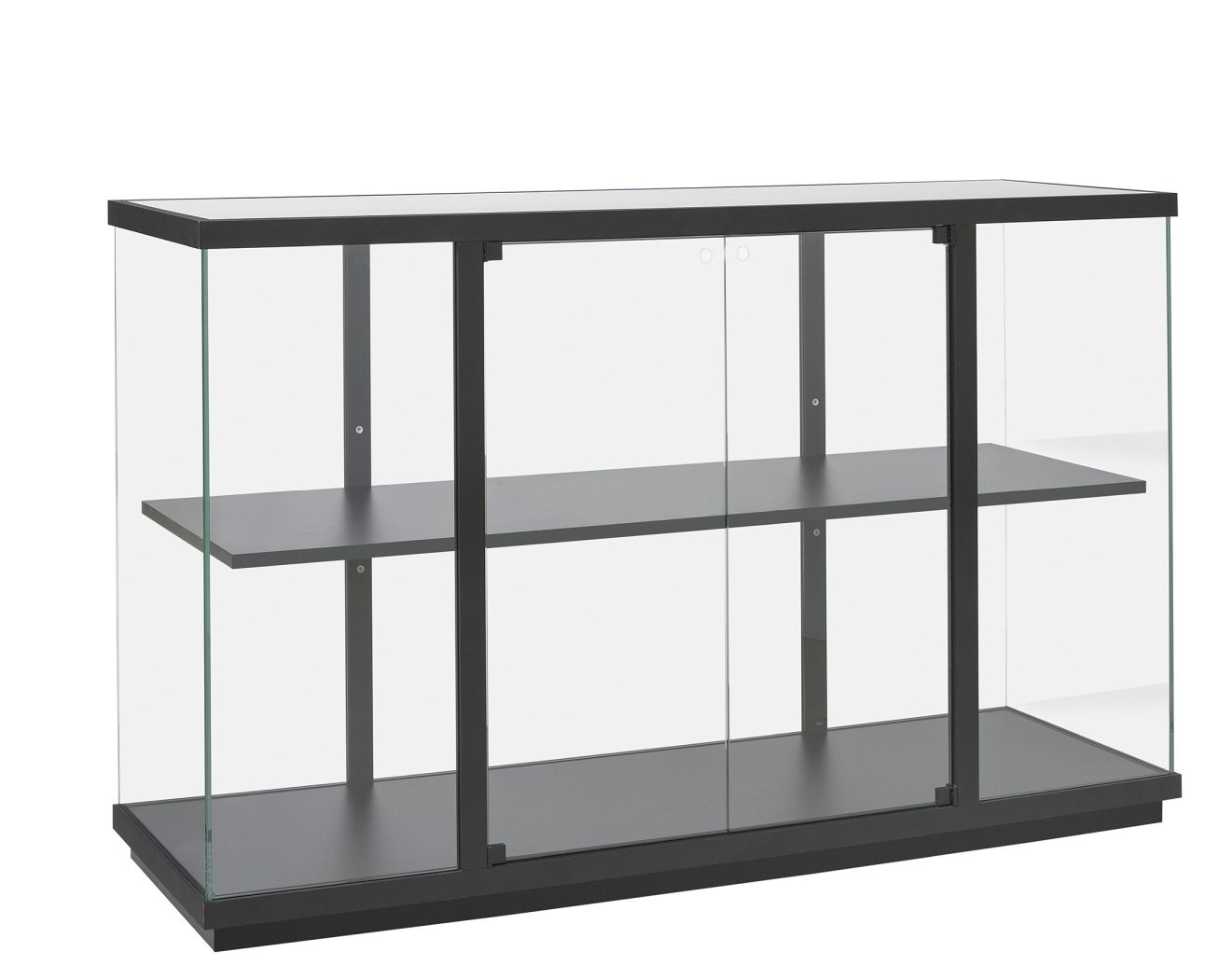 Stolp Low Vitrine: Moderne Glasvitrine mit Schiebetüren und zwei Regalböden in Schwarz.