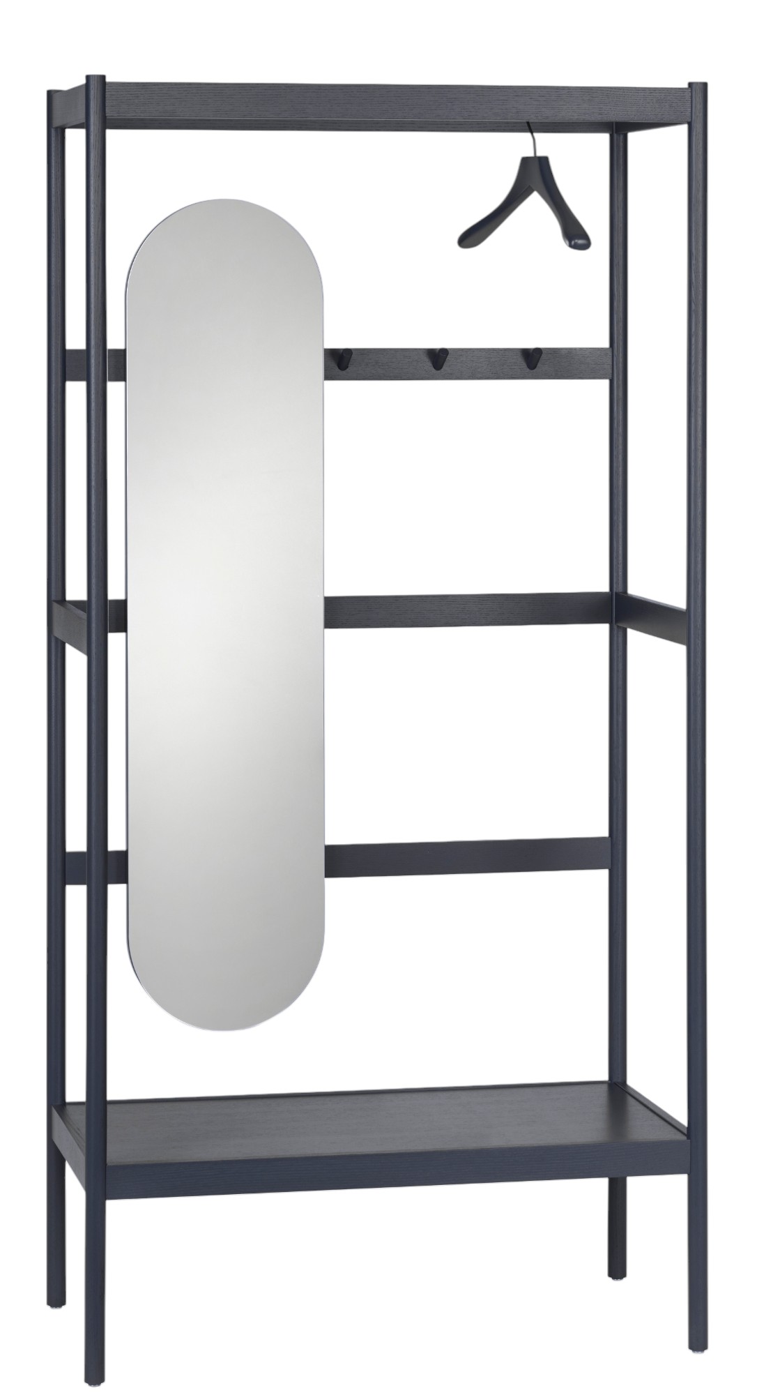 Chester Garderobe von Schönbuch mit Spiegel, Ablagen, Kleiderstange und Haken in dunklem Holz.