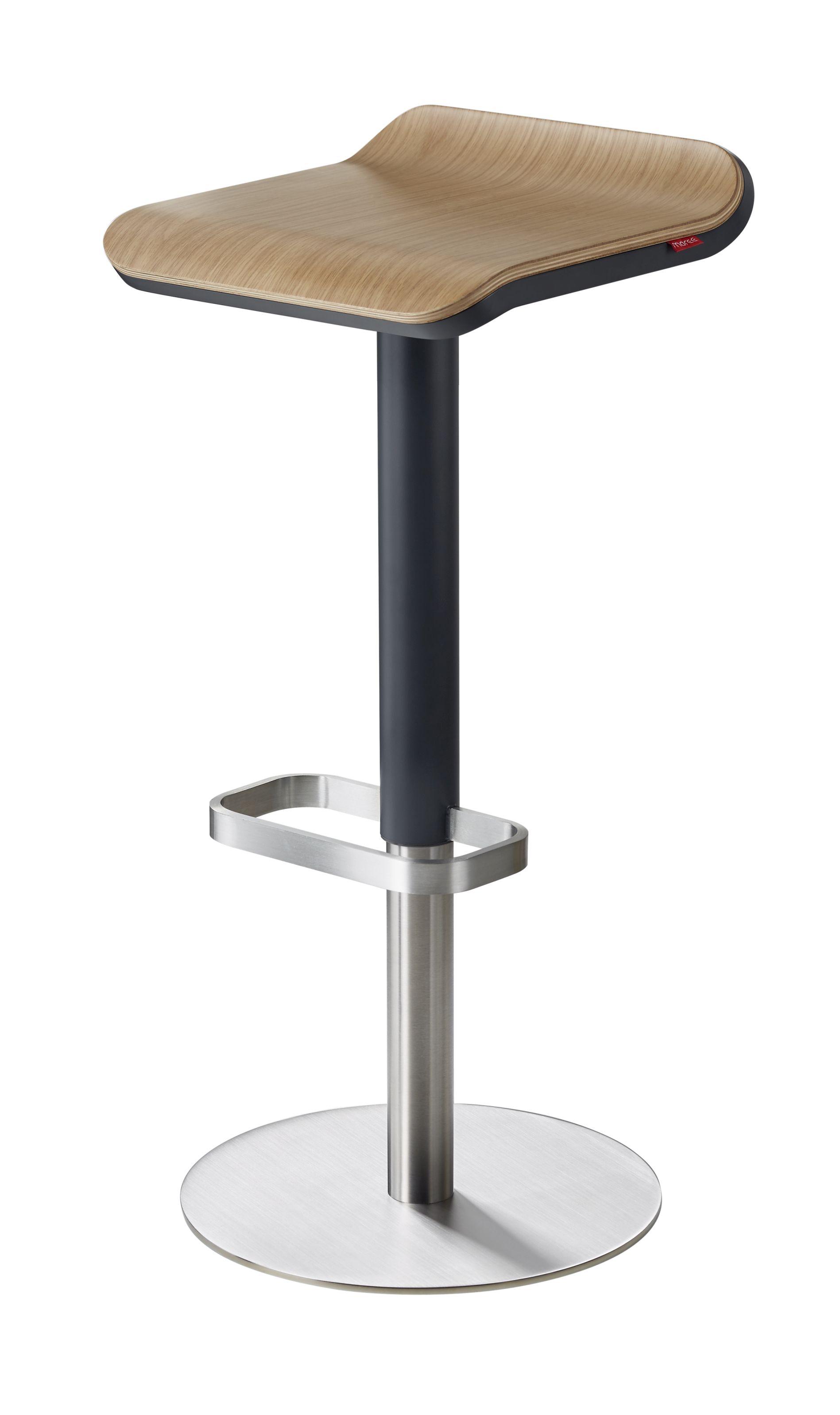 ED Barhocker von Moree: Höhenverstellbarer Hocker mit Eiche-Sitz, anthrazitfarbenem Gestell und Fuß aus Edelstahl.