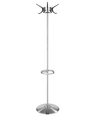 Silberner Hanger Garderobenständer von Kartell mit runder Basis und mehreren Haken für Jacken und Mäntel.