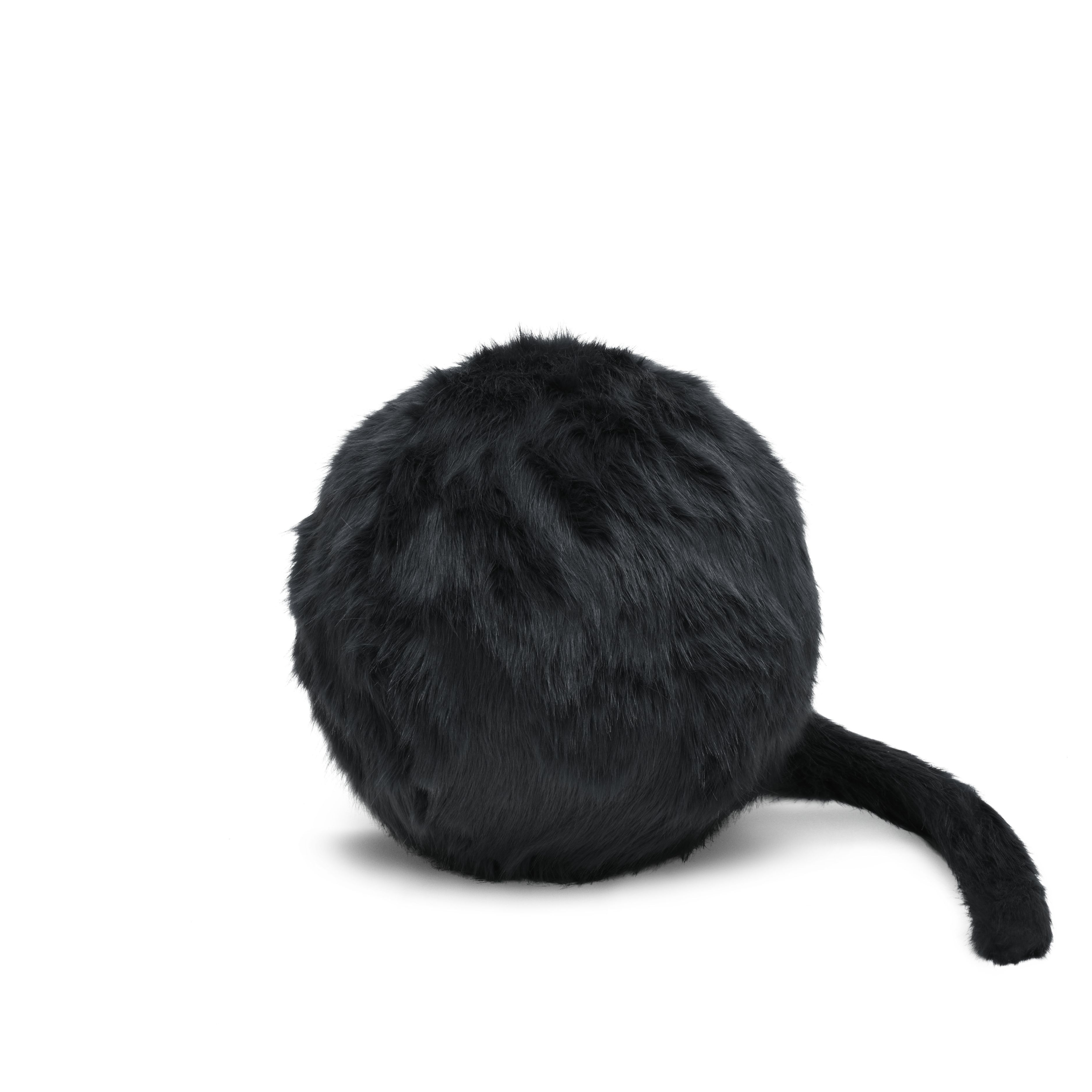 Schwarzer Ron Ron Pouf von Gufram, runder Sitzhocker mit Fell und Schwanz.