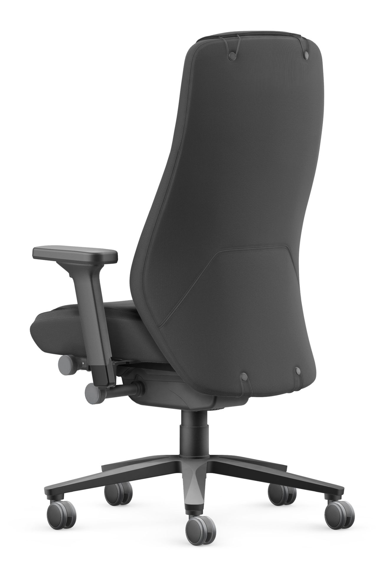 Rückansicht des schwarzen Twentyfouris5 TF117 Drehsessels von Interstuhl mit Armlehnen und Rollenfußkreuz.