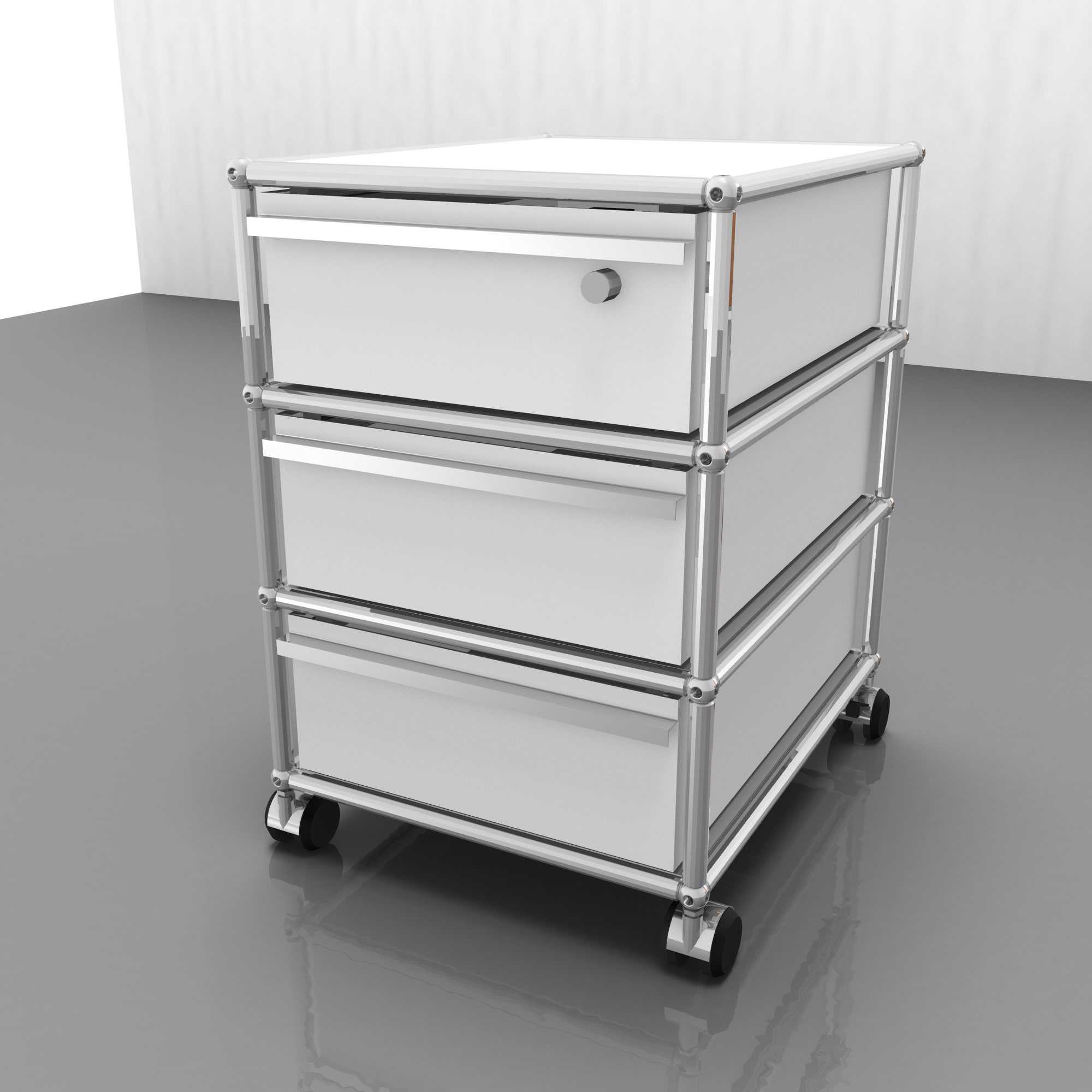 Weißer USM Haller Rollcontainer mit drei Schubladen und Rollen. Möbel für Büro und Zuhause.