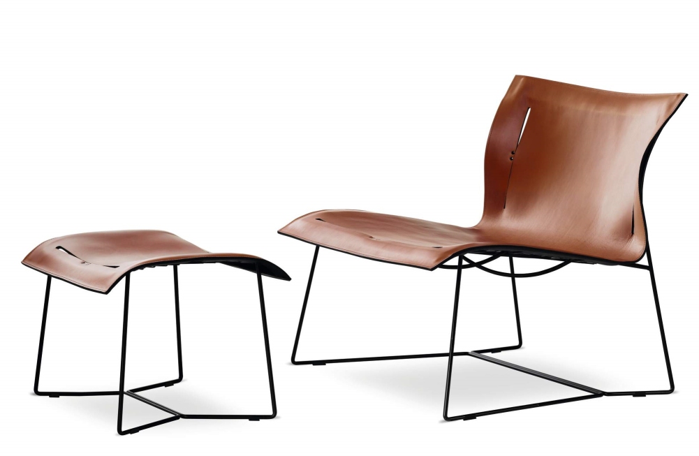Cuoio Lounge Sessel von Walter Knoll mit Hocker, braunes Leder und schwarzes Gestell.