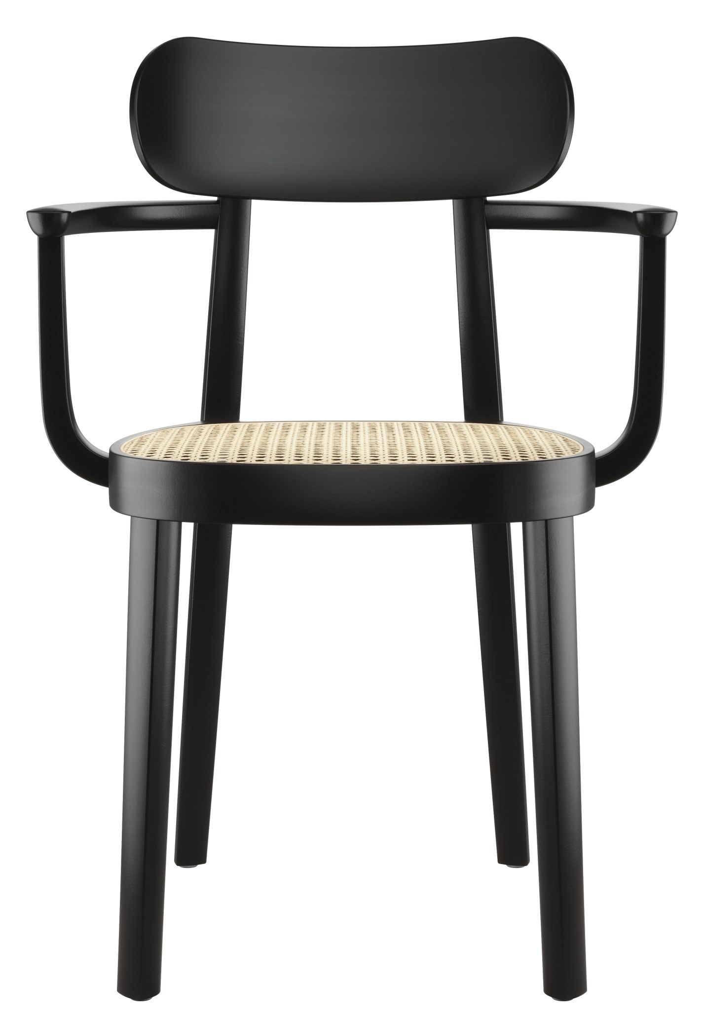 Schwarzer Holzstuhl mit Armlehnen und Wiener Geflecht Sitzfläche, Thonet 118 F Design.