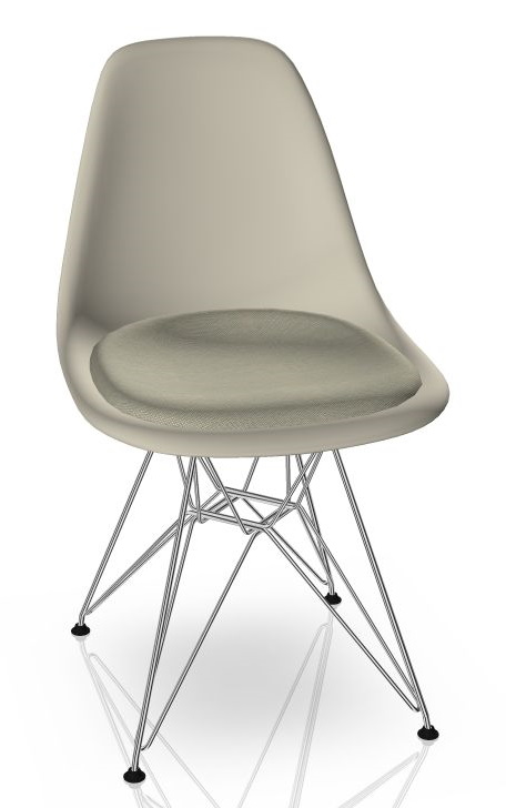 Eames DSR Stuhl mit Sitzpolster, warmgrey/elfenbein, Kiesel, Chromgestell. Designklassiker für Esszimmer und Büro.