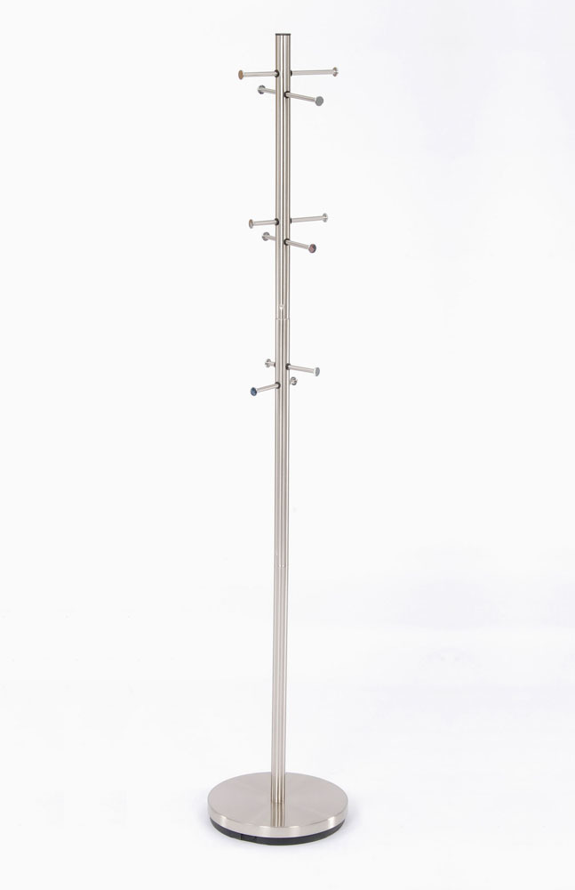 Silberner Glasgow Kleiderständer von Jan Kurtz mit sechs Haken und rundem Fuß auf weißem Hintergrund.
