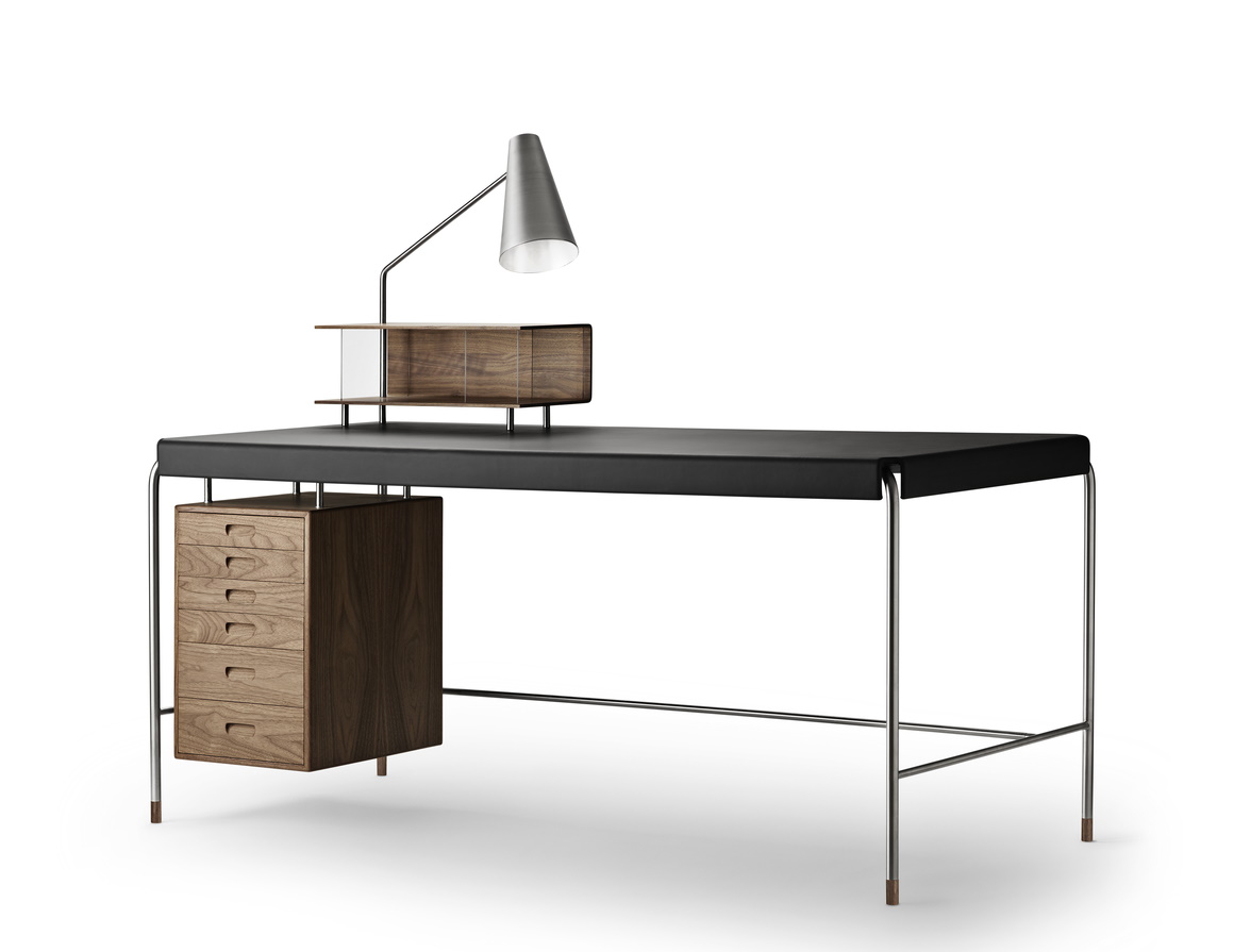 AJ52 Society Table Arbeitstisch Walnuss geölt mit Lampenmodul B160cm Carl Hansen & Søn