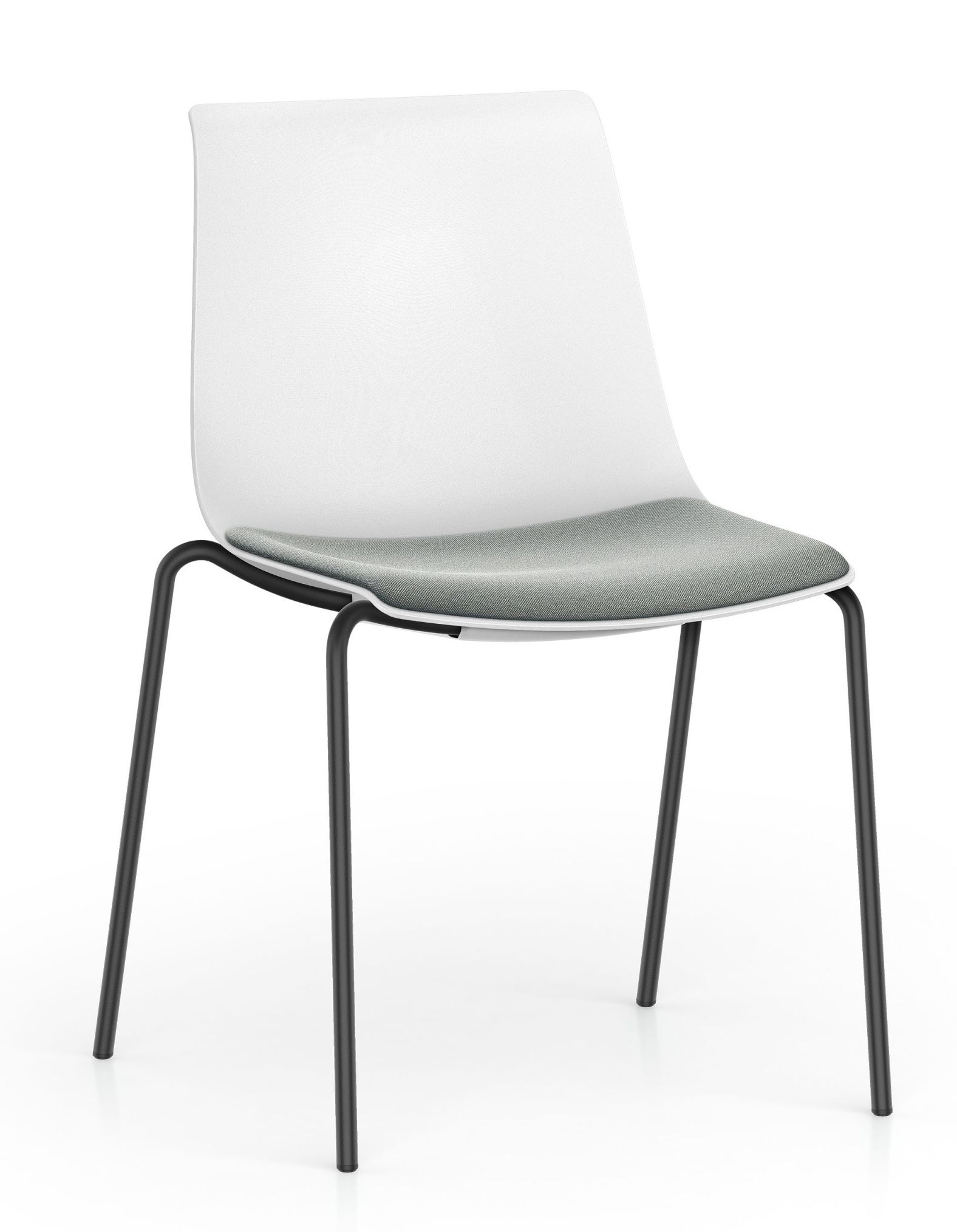 Interstuhl Shuffleis Besucherstuhl mit Vierfußgestell und grauem Sitzpolster, weiße Rückenlehne.