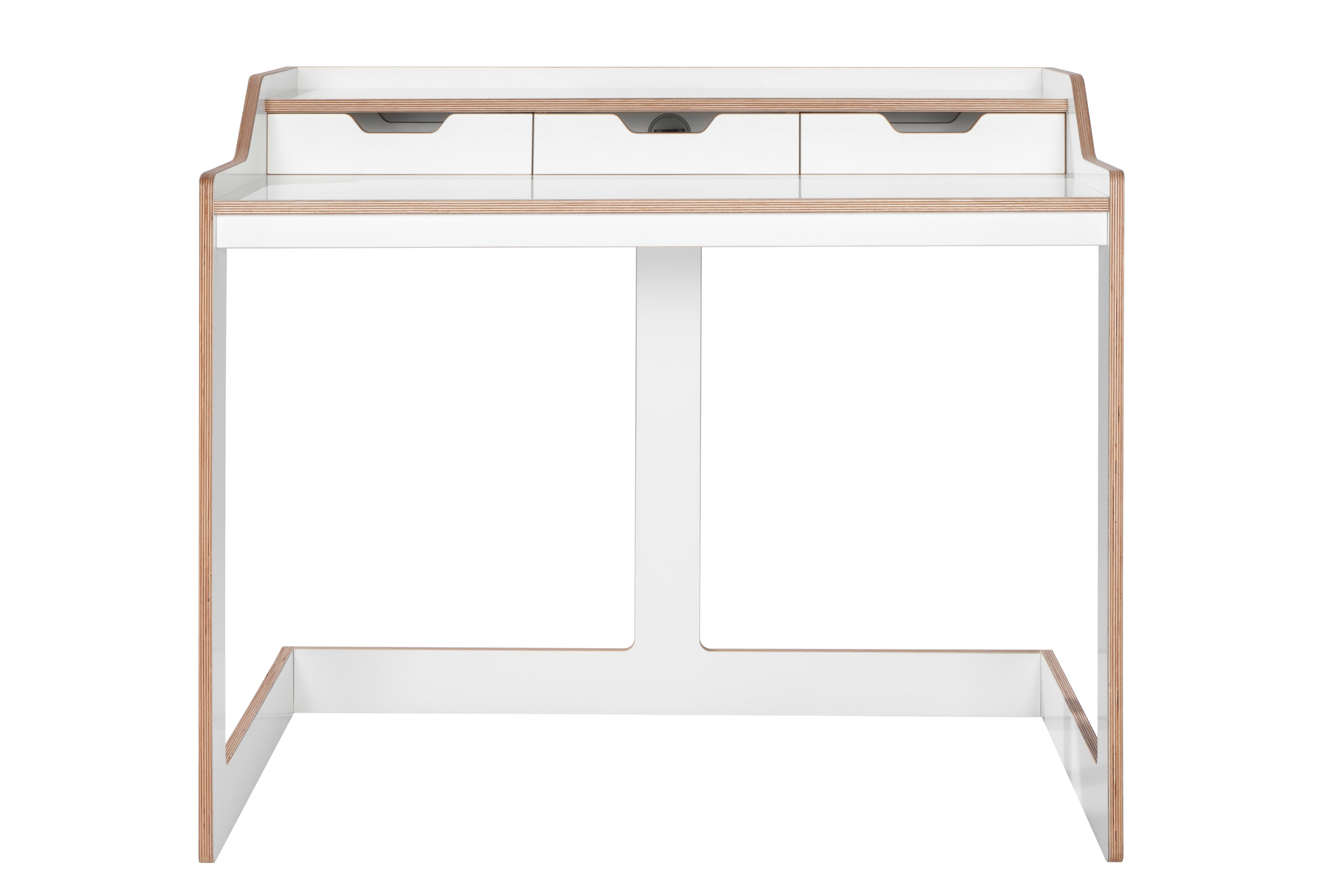 Weißer Plane Sekretär von Müller Möbelwerkstätten mit drei Schubladen und minimalistischem Design.