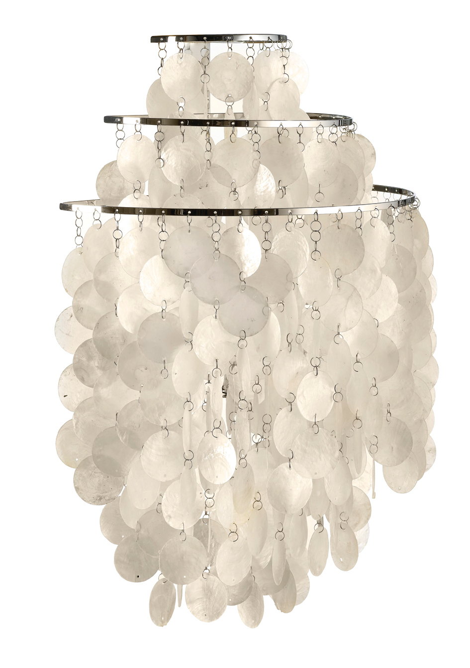 FUN 1WM Wandleuchte von Verpan: Hängelampe mit schimmernden Muschelscheiben und Chrom-Gestell.