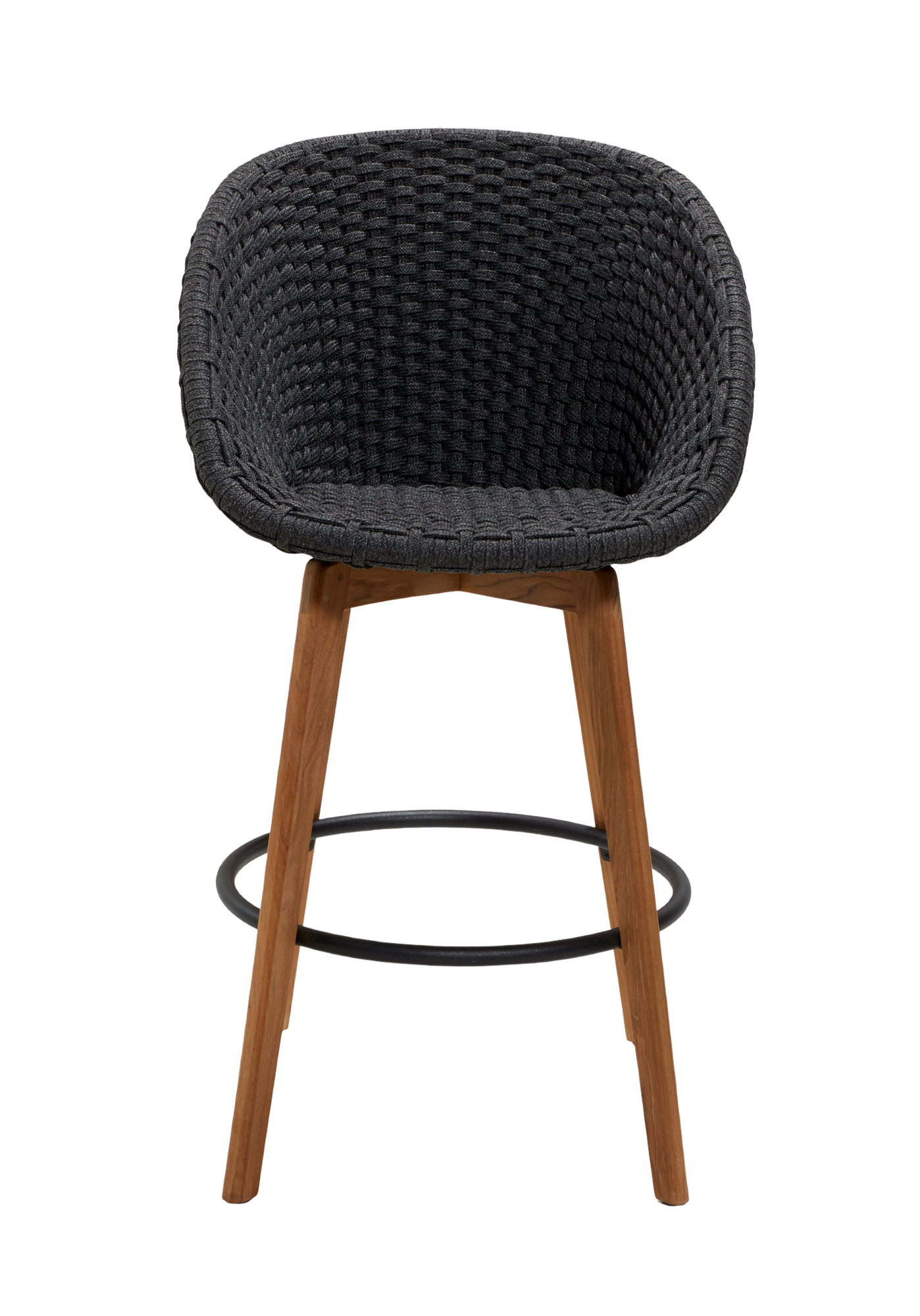 Peacock Barhocker von Cane-Line für den Außenbereich, mit grauem Geflecht und Holzbeinen.