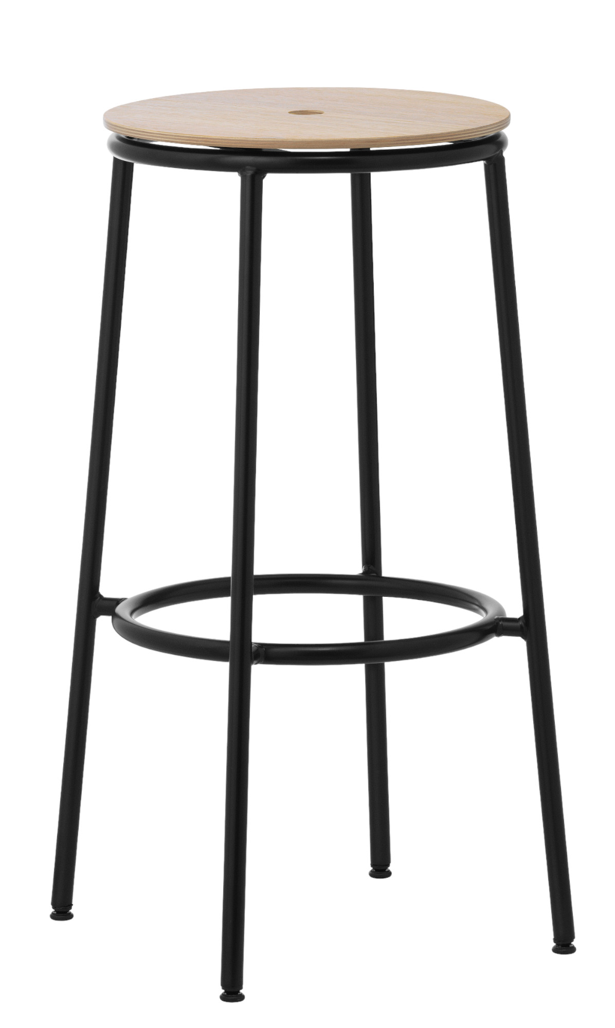 Circa Barstool von Normann Copenhagen, Hocker mit schwarzem Metallgestell und hellem Holzsitz.