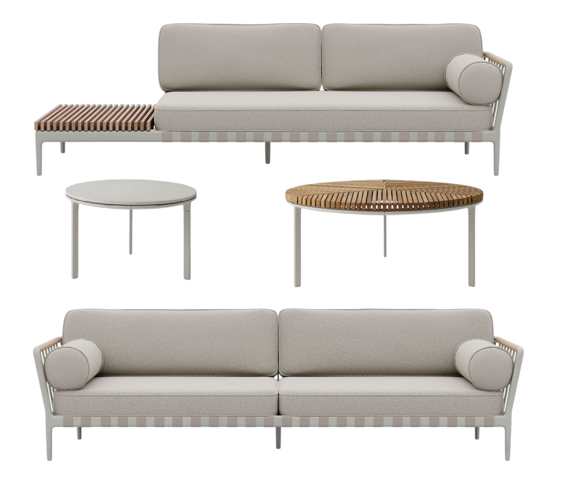 Open-Air Lounge Set: Zwei graue Outdoor Sofas und zwei Beistelltische für Garten oder Terrasse.