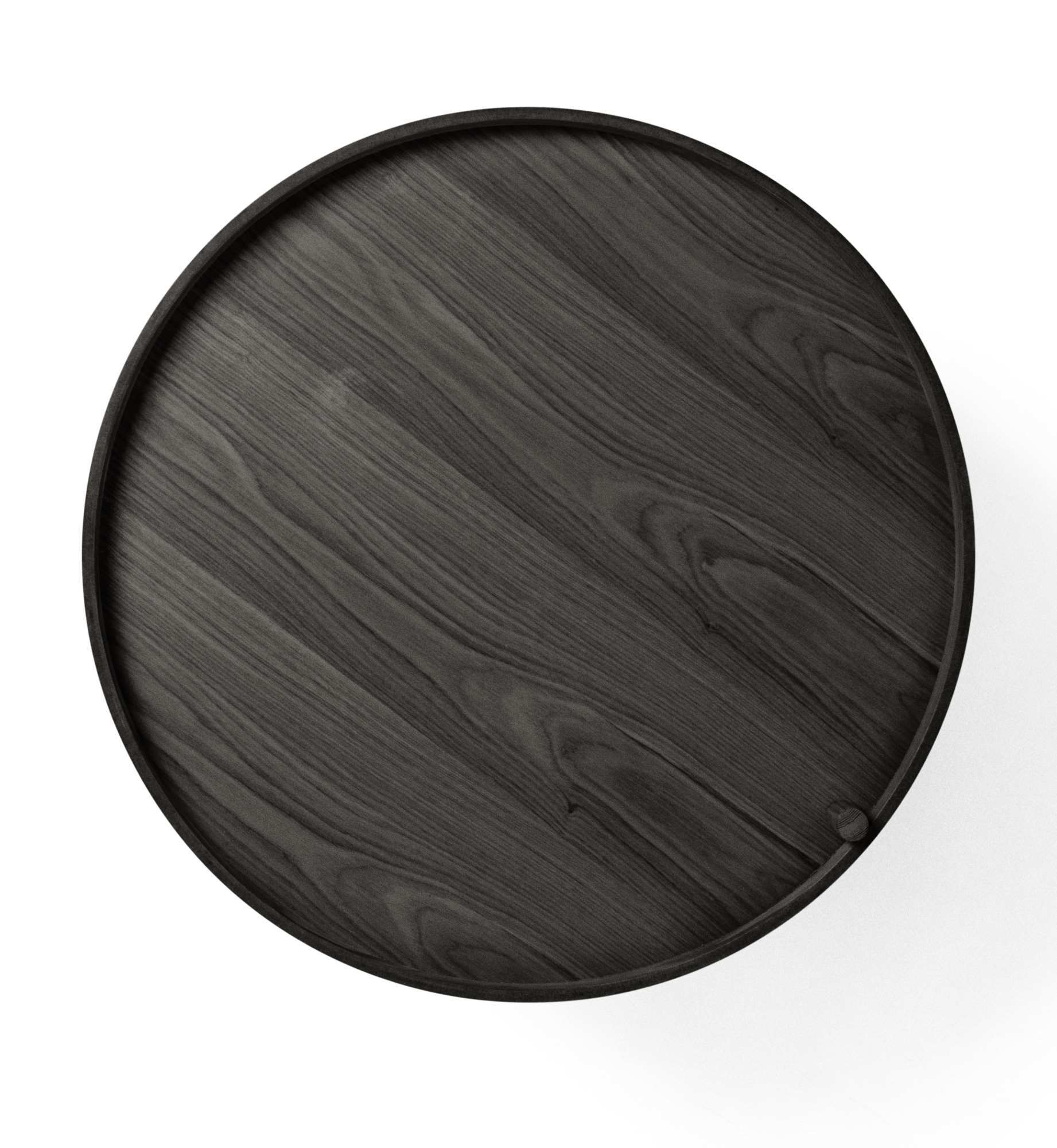 Draufsicht Turning Table Beistelltisch Esche schwarz von Audo, runder Holztisch mit dunkler Holzmaserung.