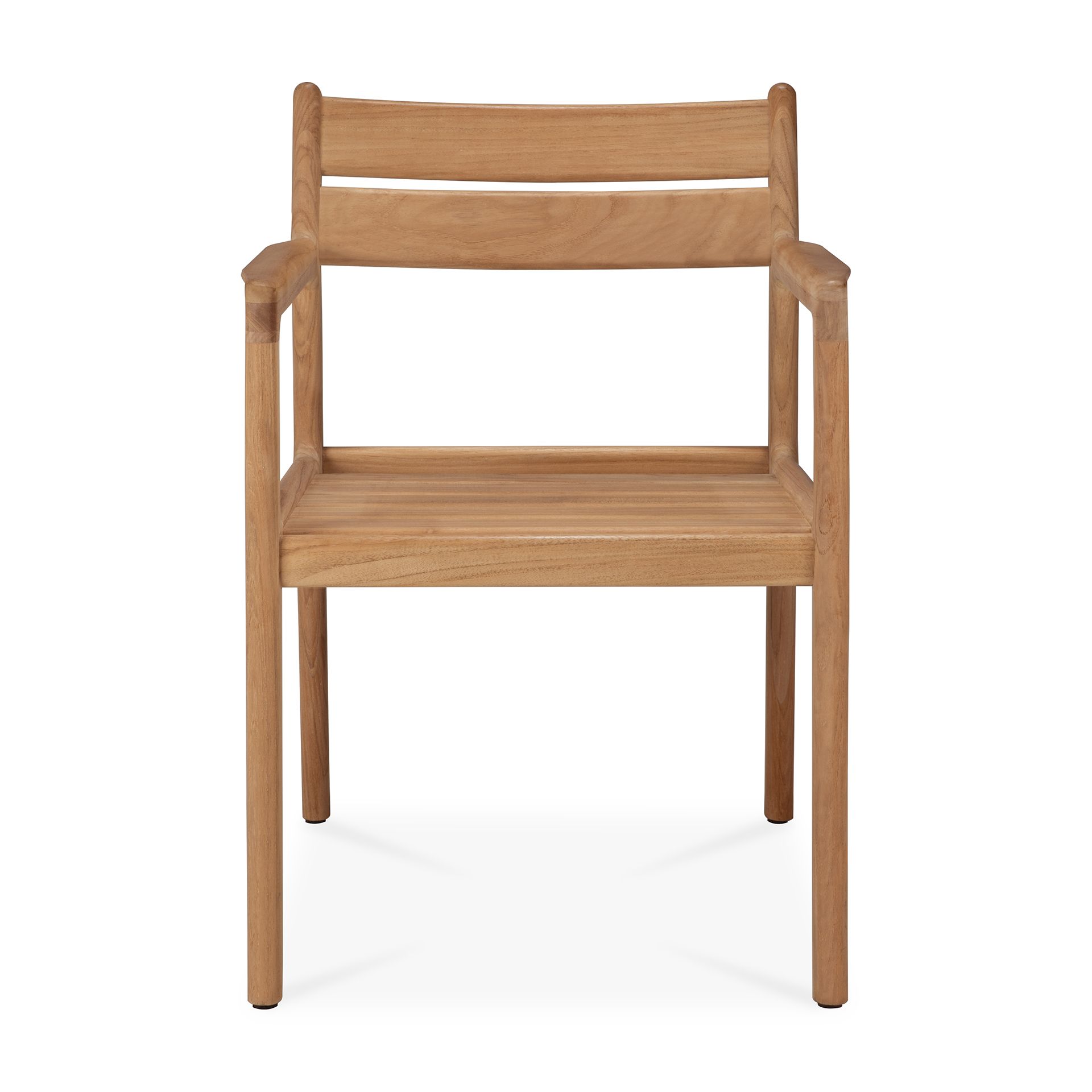 Jack Outdoor Stuhl aus Teakholz von Ethnicraft, Frontansicht. Gartenstuhl mit Armlehnen für den Außenbereich.