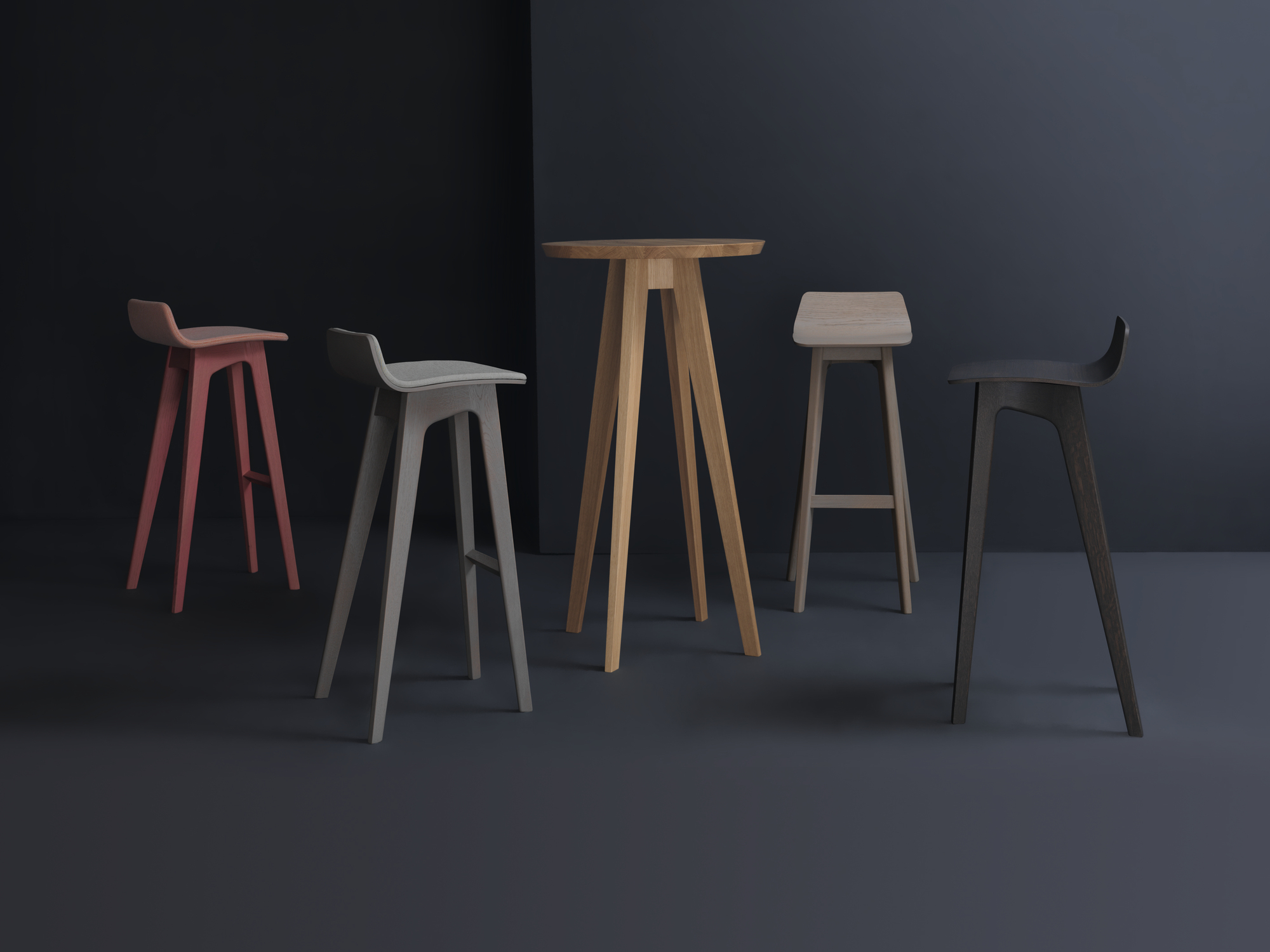 Morph Barhocker aus Eiche mit Sitzhöhe 65 cm in verschiedenen Farben und ein passender Tisch.