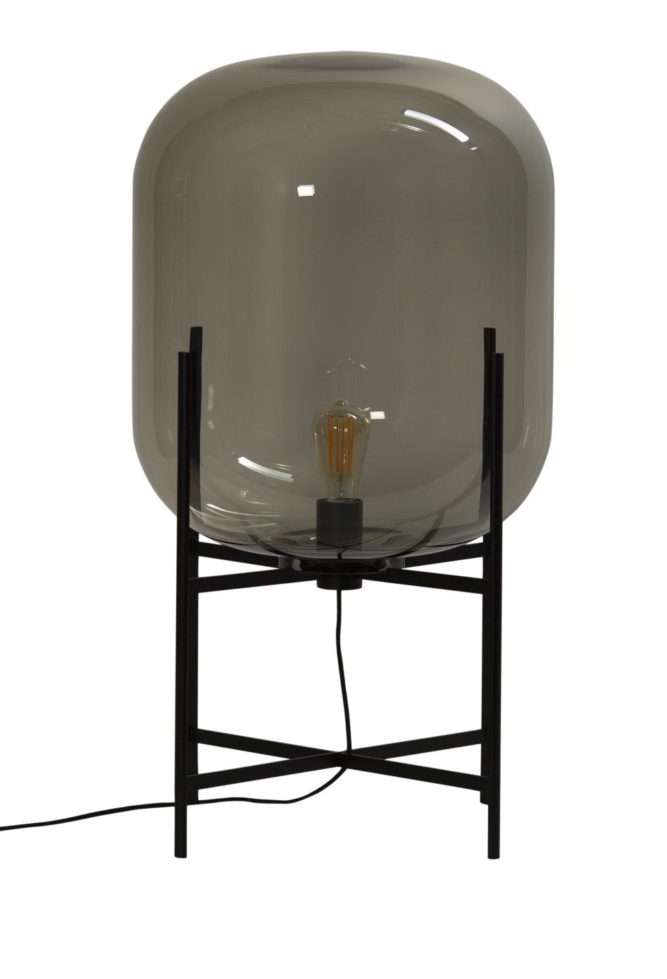 Oda Stehleuchte: Stahlgraue Glasleuchte auf schwarzem Metallgestell. Moderne Lampe für Wohnzimmer und Schlafzimmer.